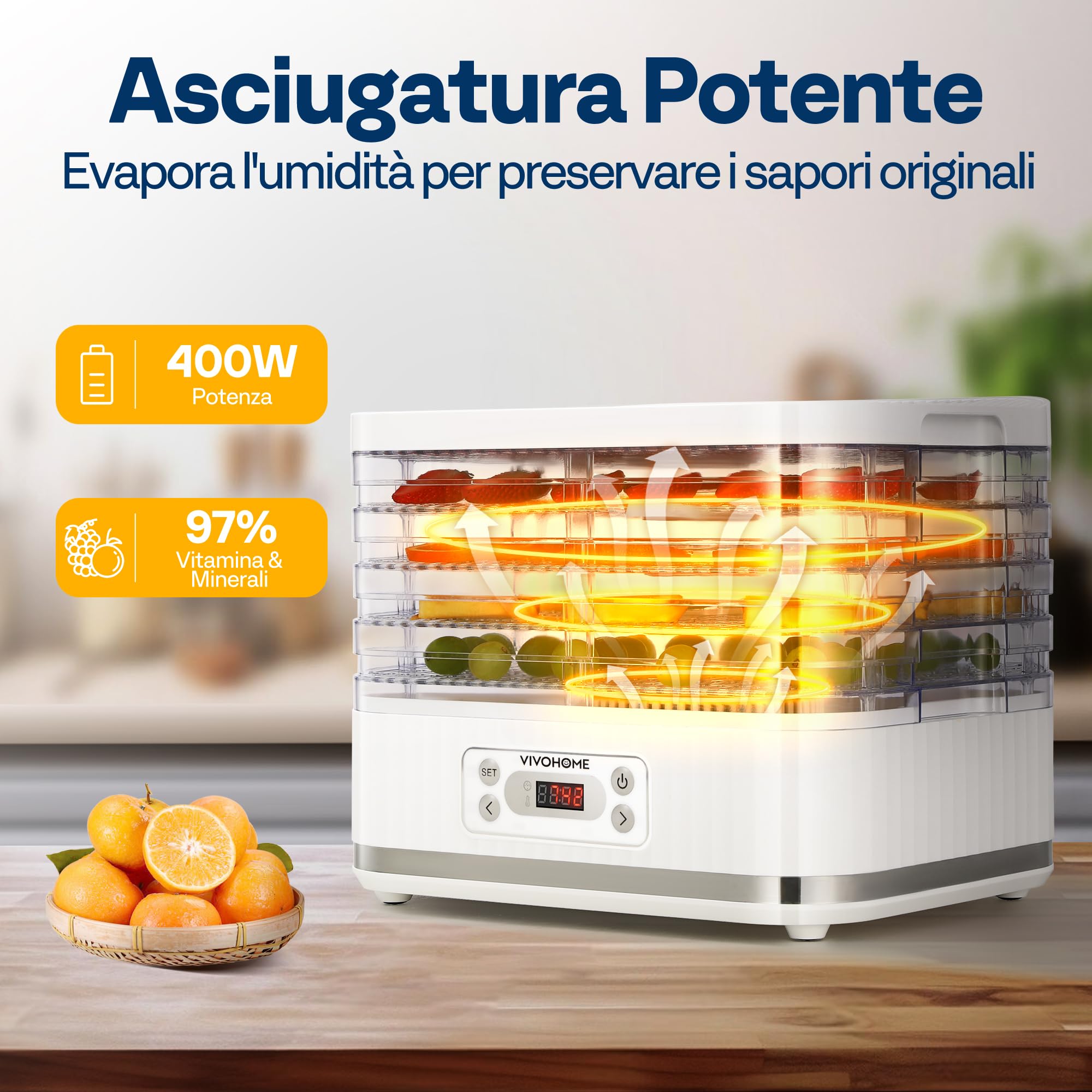 VIVOHOME Essiccatore Elettrico con 5 Vassoi 400W con Timer Digitale 72 Ore e Regolazione Della Temperatura per Frutta Verdura Carne Secca Erbe Manzo Funghi