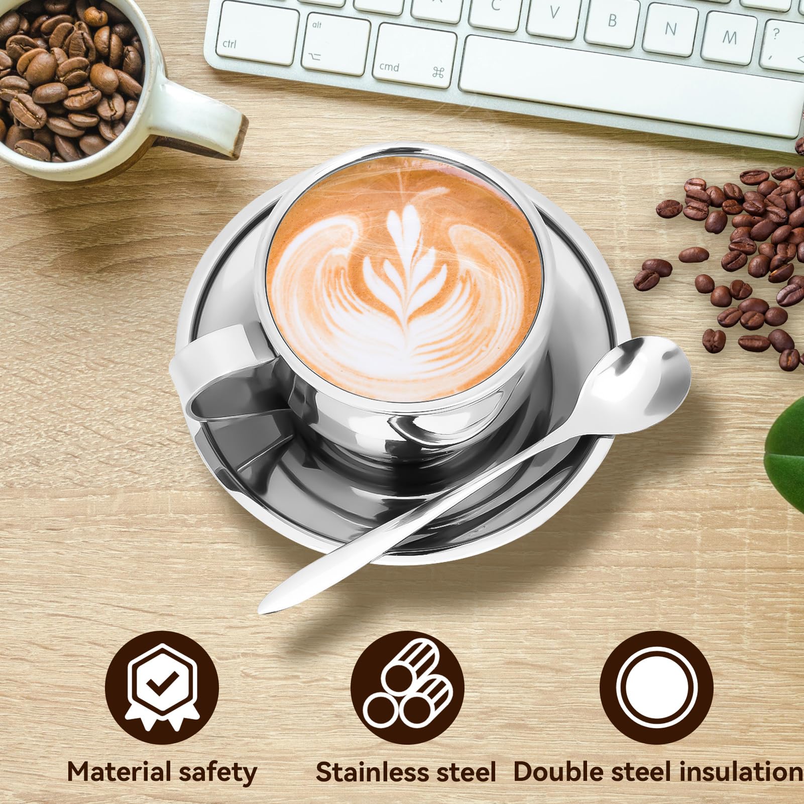 Agatige Set Di Tazza Da Caffè Tazza Da Caffè a Doppia Tazza in Acciaio Inoxparete Da 4 Once Con Piattino E Cucchiaio,Da Caffè Espresso per Tè E Caffè Cappuccino