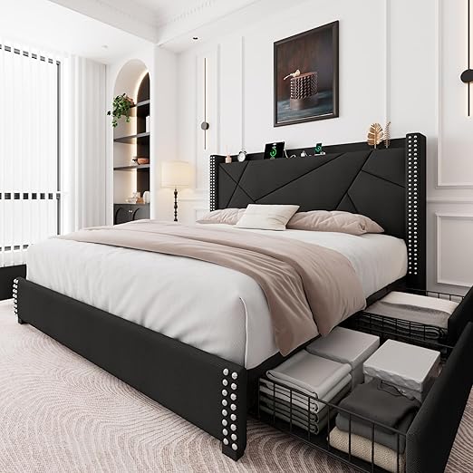 Feonase Upholstered Storage Bed Frame King Size with 4 Drawers, Platform Bed with Charging Station & Wingback Headboard, Solid Wood Slats Support, Black