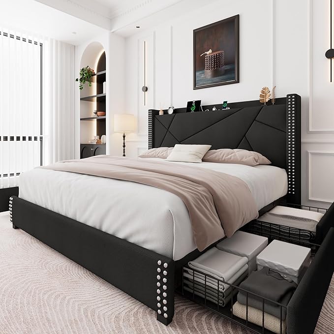 Feonase Upholstered Storage Bed Frame King Size with 4 Drawers, Platform Bed with Charging Station & Wingback Headboard, Solid Wood Slats Support, Black