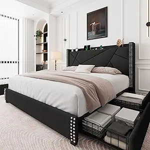 Feonase Upholstered Storage Bed Frame King Size with 4 Drawers, Platform Bed with Charging Station & Wingback Headboard, Solid Wood Slats Support, Black