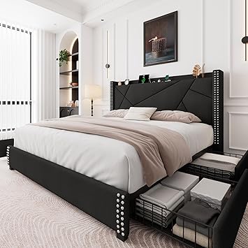 Feonase Upholstered Storage Bed Frame King Size with 4 Drawers, Platform Bed with Charging Station & Wingback Headboard, Solid Wood Slats Support, Black