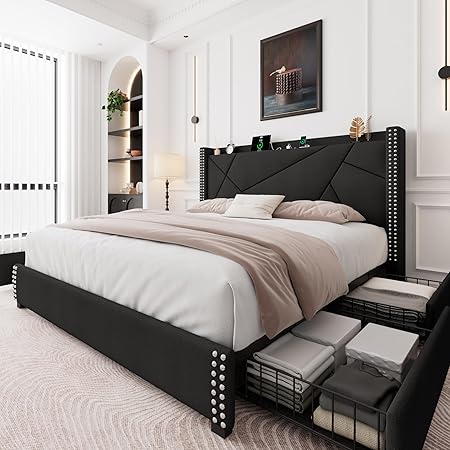 Feonase Upholstered Storage Bed Frame King Size with 4 Drawers, Platform Bed with Charging Station & Wingback Headboard, Solid Wood Slats Support, Black