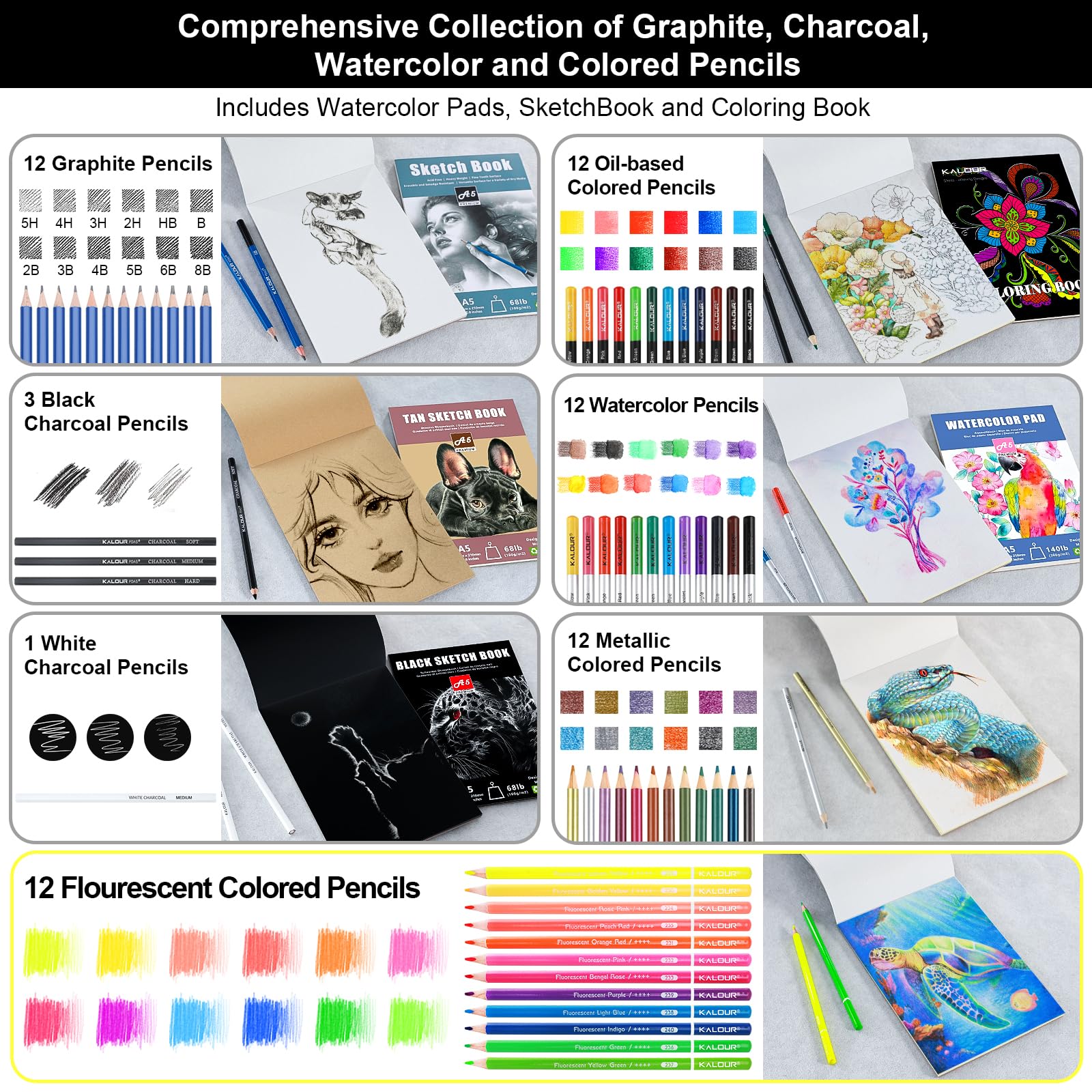 KALOUR PDAS 82 Set da disegno Kit per schizzi, Forniture artistiche professionali con matite fluorescenti, colorate, acquerellabili, metalliche, in grafite, carboncino,5 album da disegno e da colorare