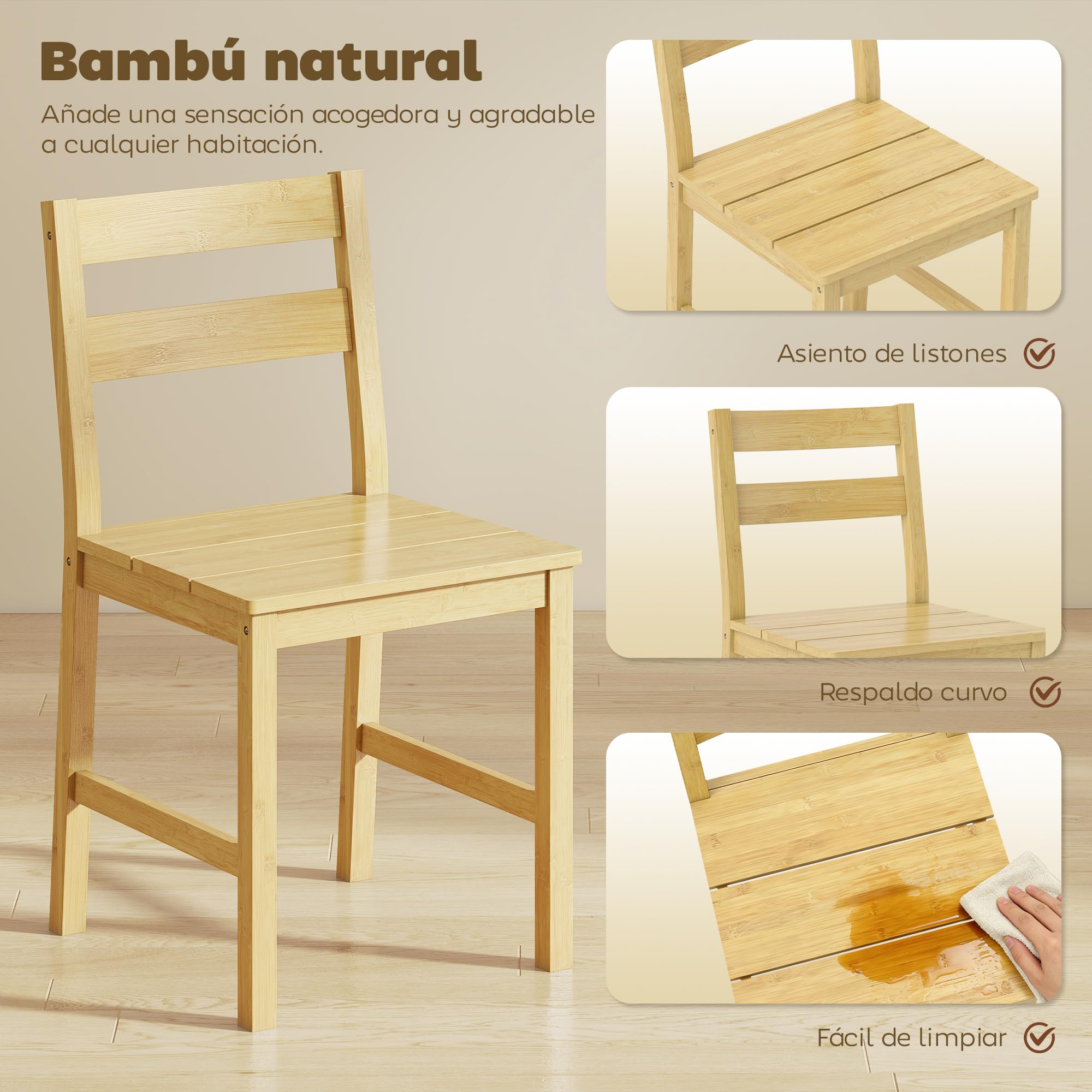 HOMCOM Juego de 2 Sillas de Comedor de Bambú Respaldo Curvado Natural | Sillas de Cocina, Asiento con Listones, Sin Brazos, para Sala de Estar