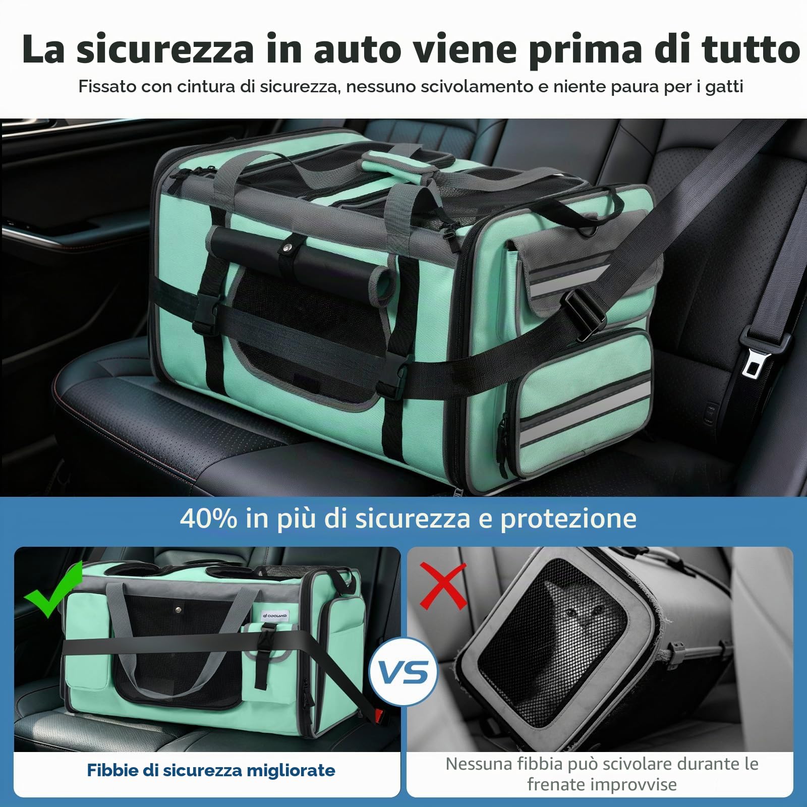 Odoland Trasportino per 2 gatti, pieghevole ed estensibile, borsa per il trasporto traspirante con tracolla e vaschetta per lettiera, ideale per viaggi, auto, verde