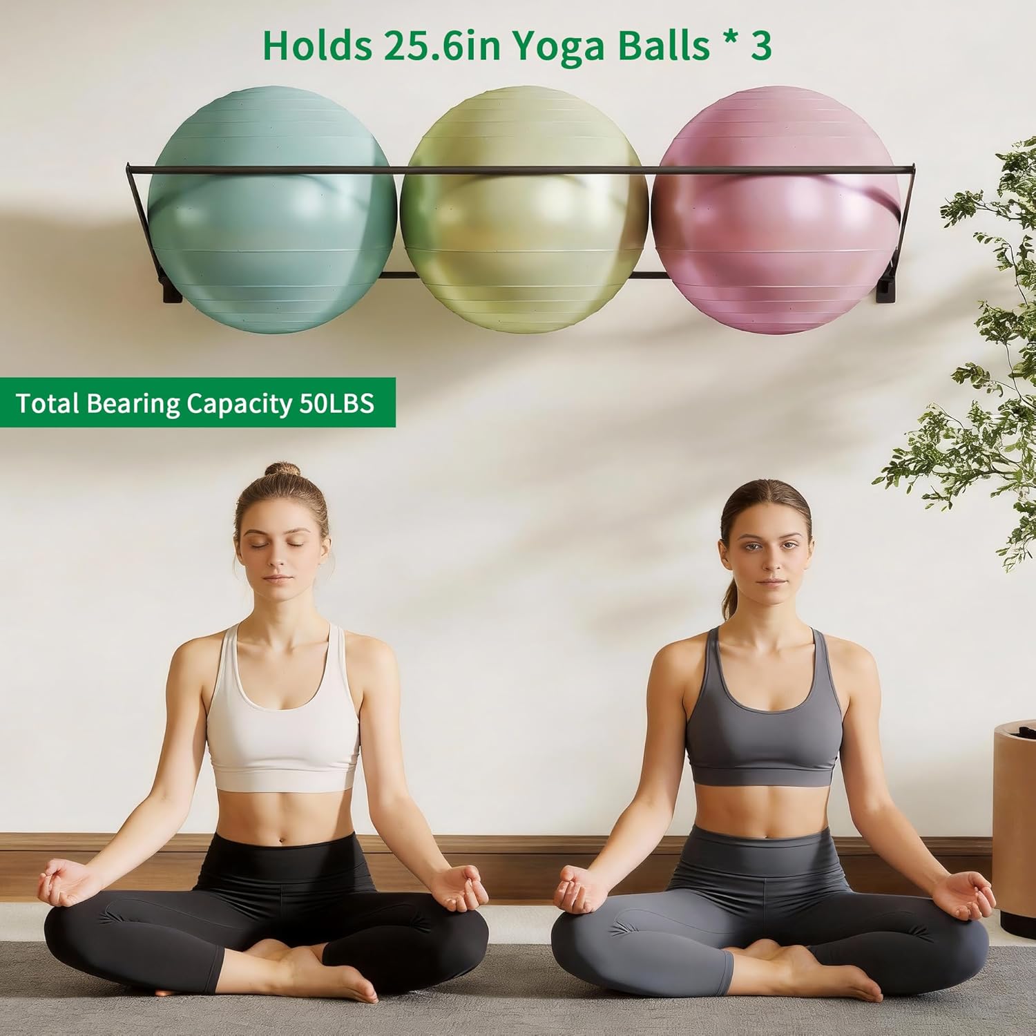 tonchean Wall Mount Exercise Ball Holder 5FT Heavy Duty Yoga Storage Ball Rack Large Medicine Ball Rack, Hold Up to 3PCS 25.6in Yoga Balls, Suitable for Gym, Garage, Home