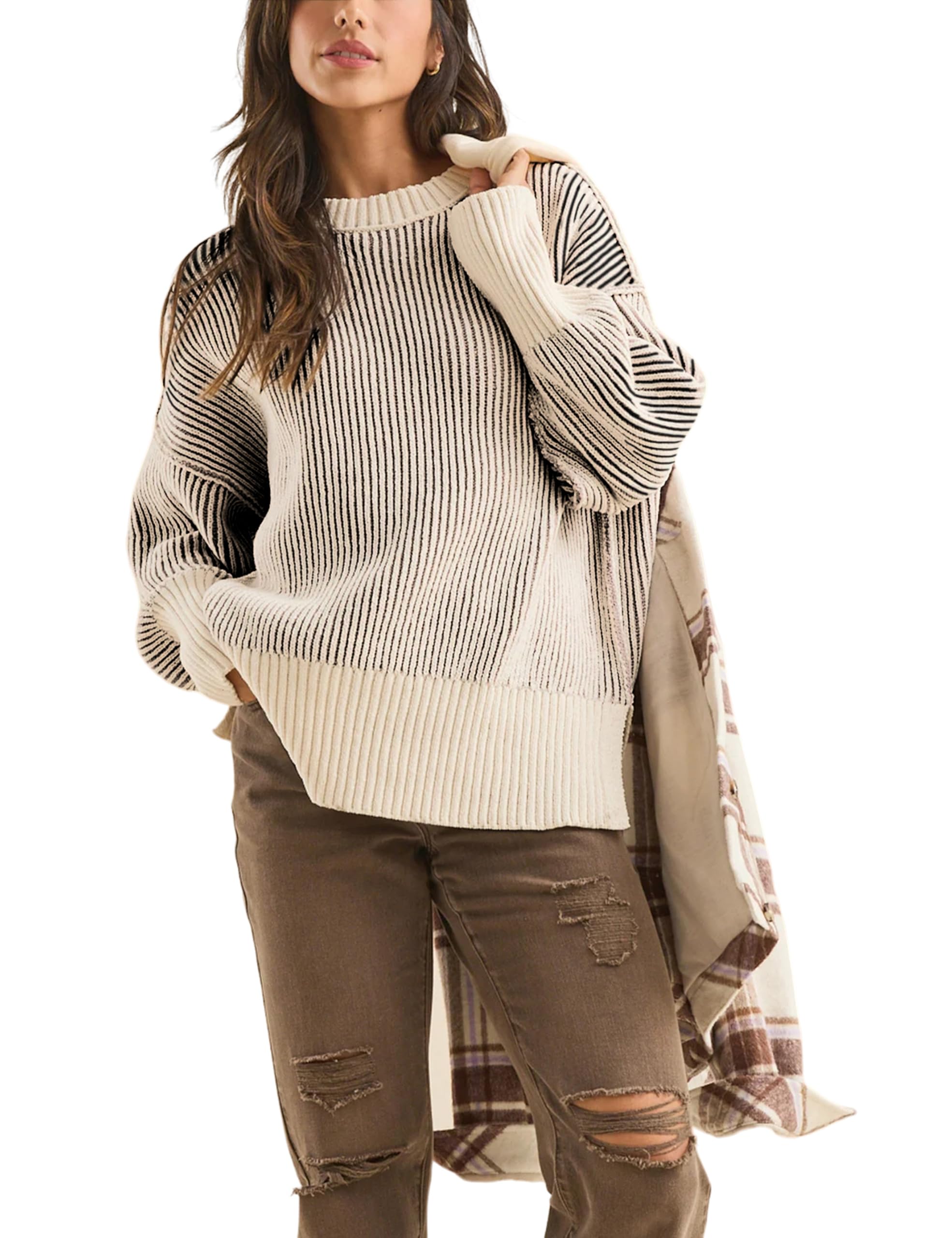 Faleave Womens Fashion Sweater Fall Casual Long Sleeve Ribbed Knit Crew Neck Pullover Sweaters Blouse Tops