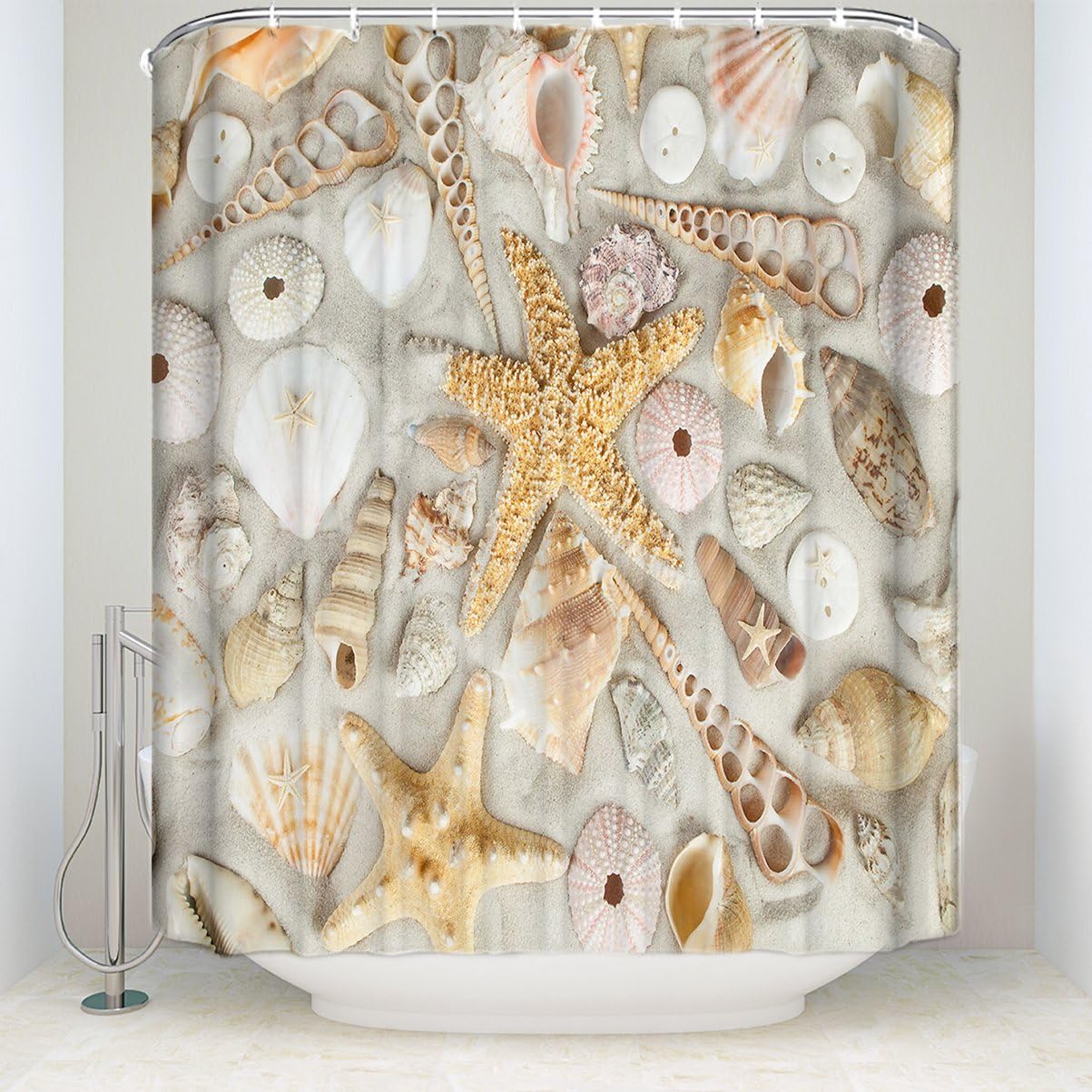 Beach Shower Curtain Seashells and Starfish with Sand Ocean Marine Life Theme Bathroom Decoration Polyester Fabric Shower Curtains 36 x 72 inch (72 by 84inch)