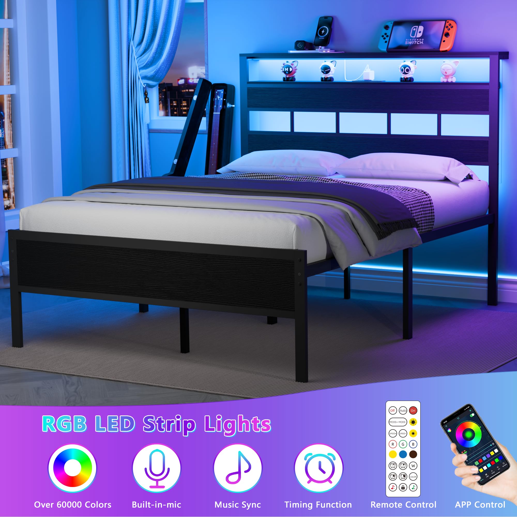 Best Full Size Platform Bed Picks for 2026 3 Furnulem Full Size Bed Frame with LED Light and Charging Station, Wood Storage H — product photo