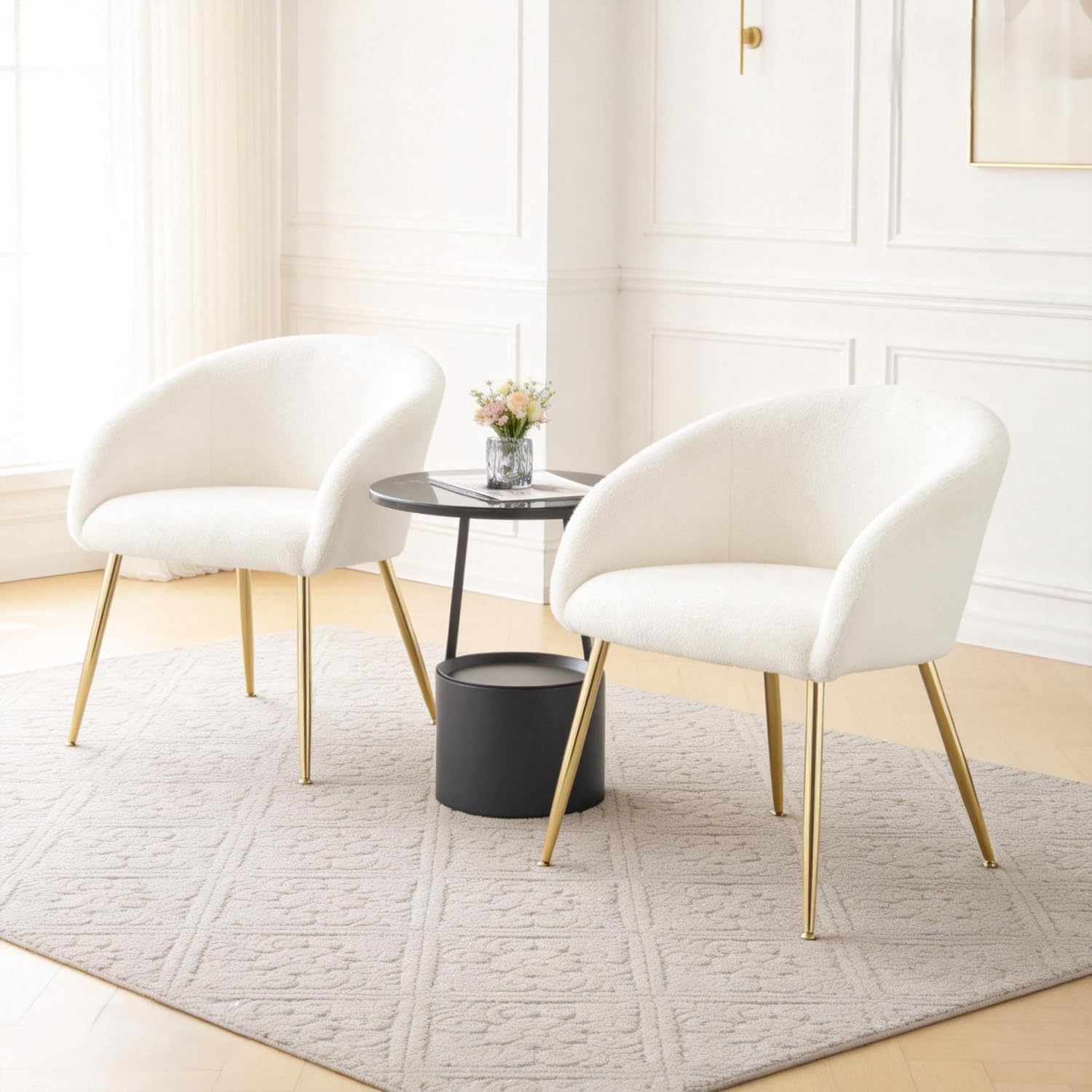 YDcosyfy Modern Small Accent Chair, Comfy Sherpa Makeup Vanity Chair with Golden Metal Legs, Decorative Chair no Wheels for Living Room, Dressing Room, Bedroom, White