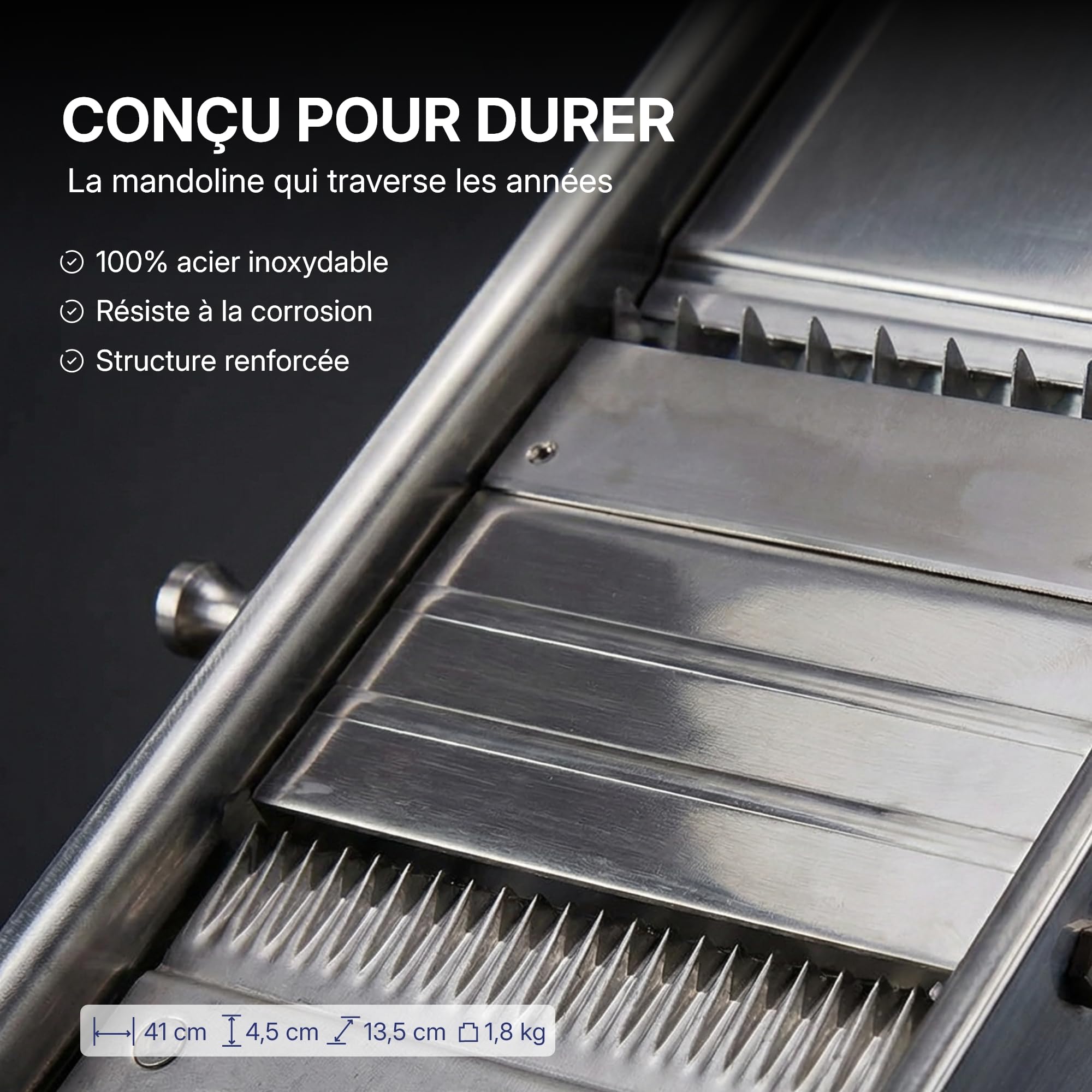 Louis Tellier – Mandoline Inox Professionnelle avec Chariot – Fabriqué en France – 2 Peignes 3 et 10 mm pour Frites et Julienne – Lame Lisse et Gaufrée Réglable