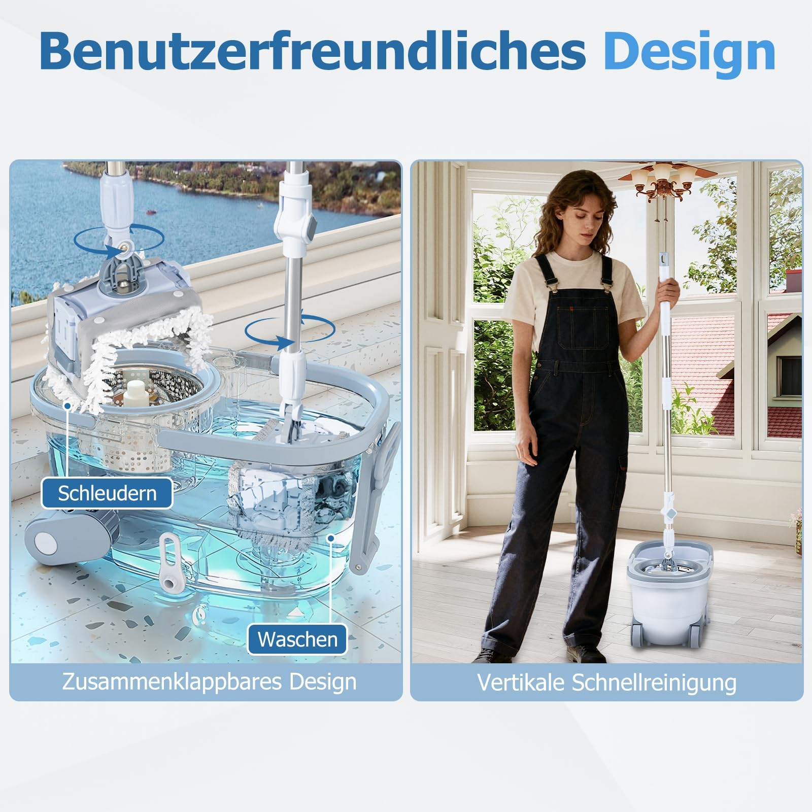 FANTASK Wischmopp und Eimer, Mopp und Eimersystem mit Auswringfunktion, Abwassertrennung, 360° rechteckigen und runden Wischköpfe, komplettes Wischset für Nass- und Trockenreinigung (Blau)
