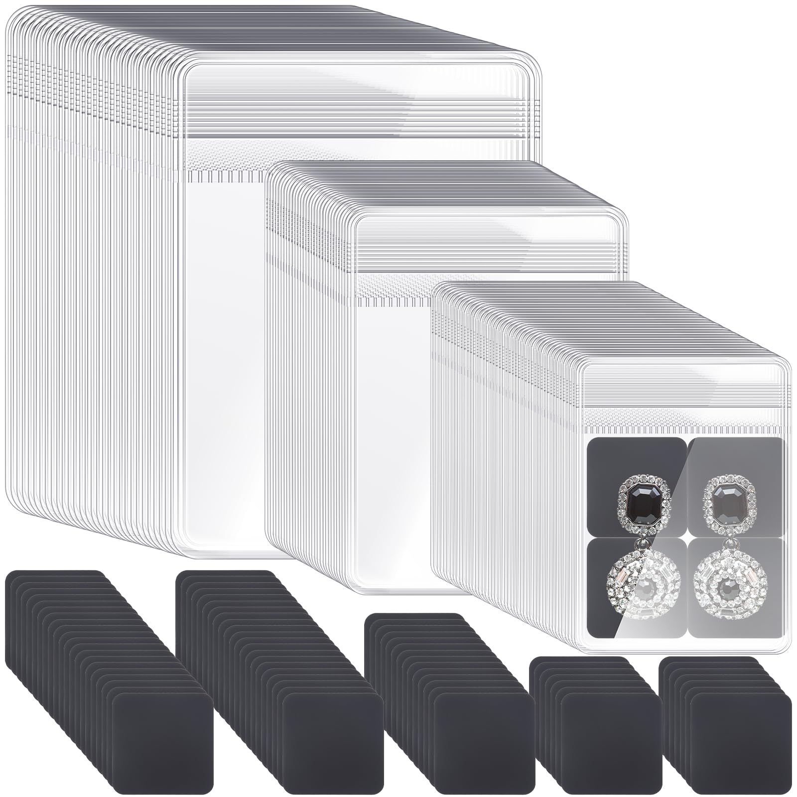 Sureio 200 Pcs Anti Tarnish Strips with Clear Plastic Jewelry Bags Sets, 100 Assorted Size Transparent Jewelry Storage Bags and 100 Anti Tarnish Strips for Packaging Jewelry Rings Earrings (3 Sizes)