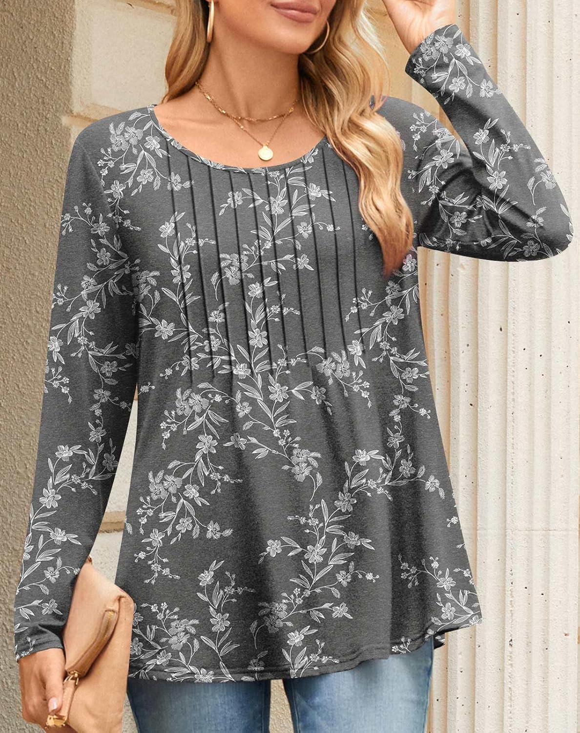 TAOHUADAO Women Fall Long Sleeve Tops Pleated Crew Neck Tunic Casual Dressy Blouse Shirts - Image 3