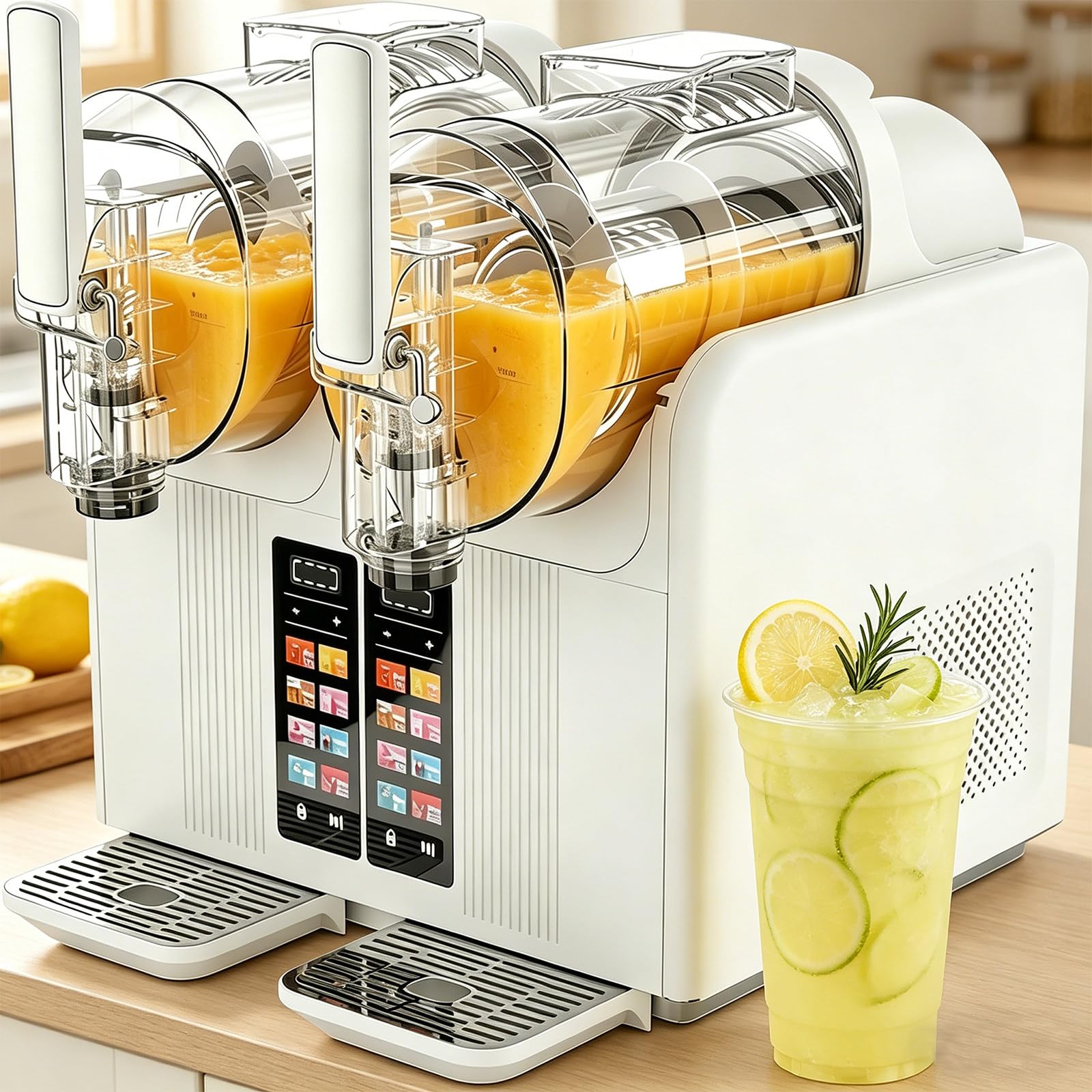 Machine À Granita Électrique, Double Cuve 2 X 2L, Usage Professionnel, Pour Boissons Glacées Et Glaces À L'italienne. 7 Programmes Prédéfinis, Température Réglable De -10°C À 0°C Blanc