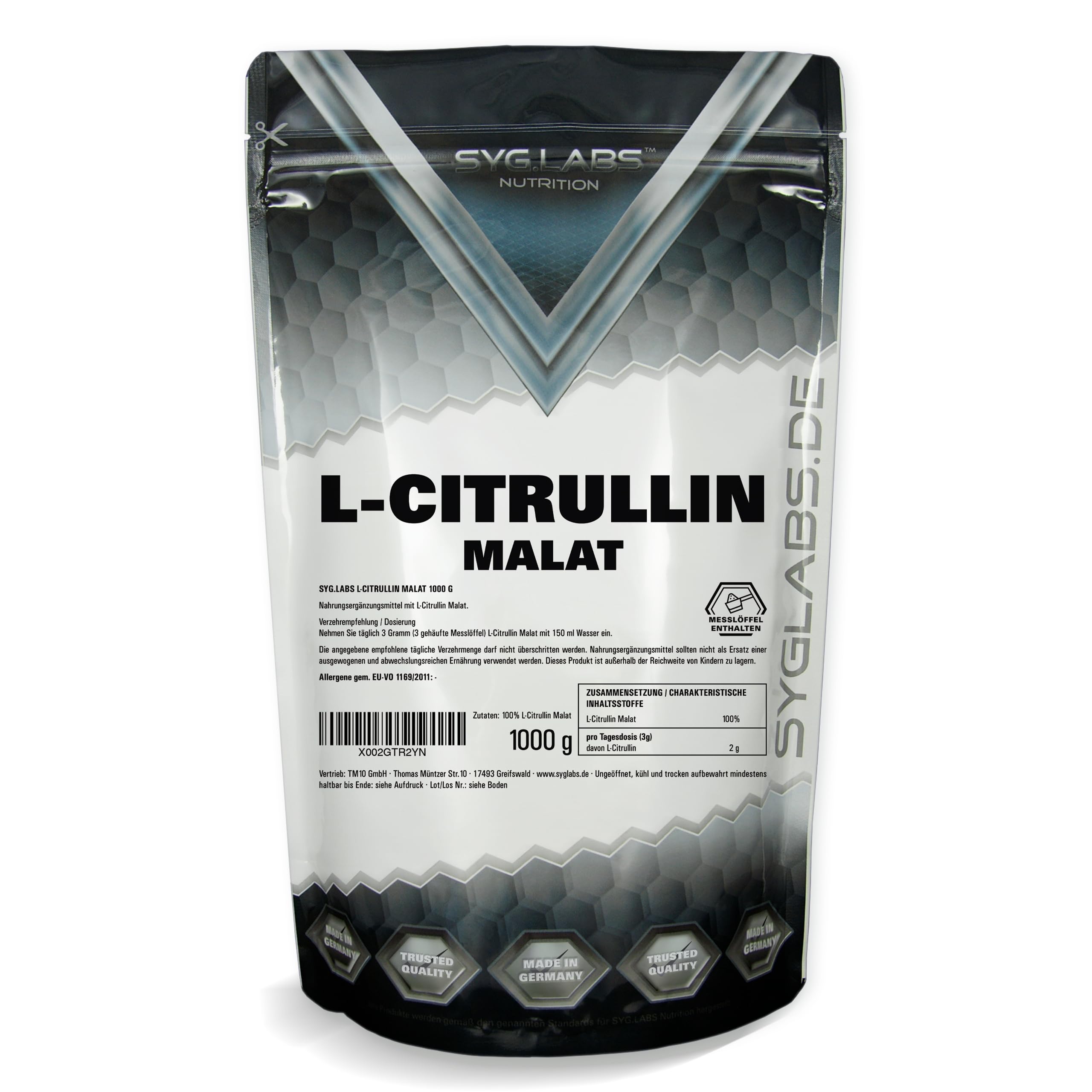 L-Citrullin Malat 2:1 1000g, optimale Löslichkeit - vegan und ohne Zusätze - Aminosäure Citrullin