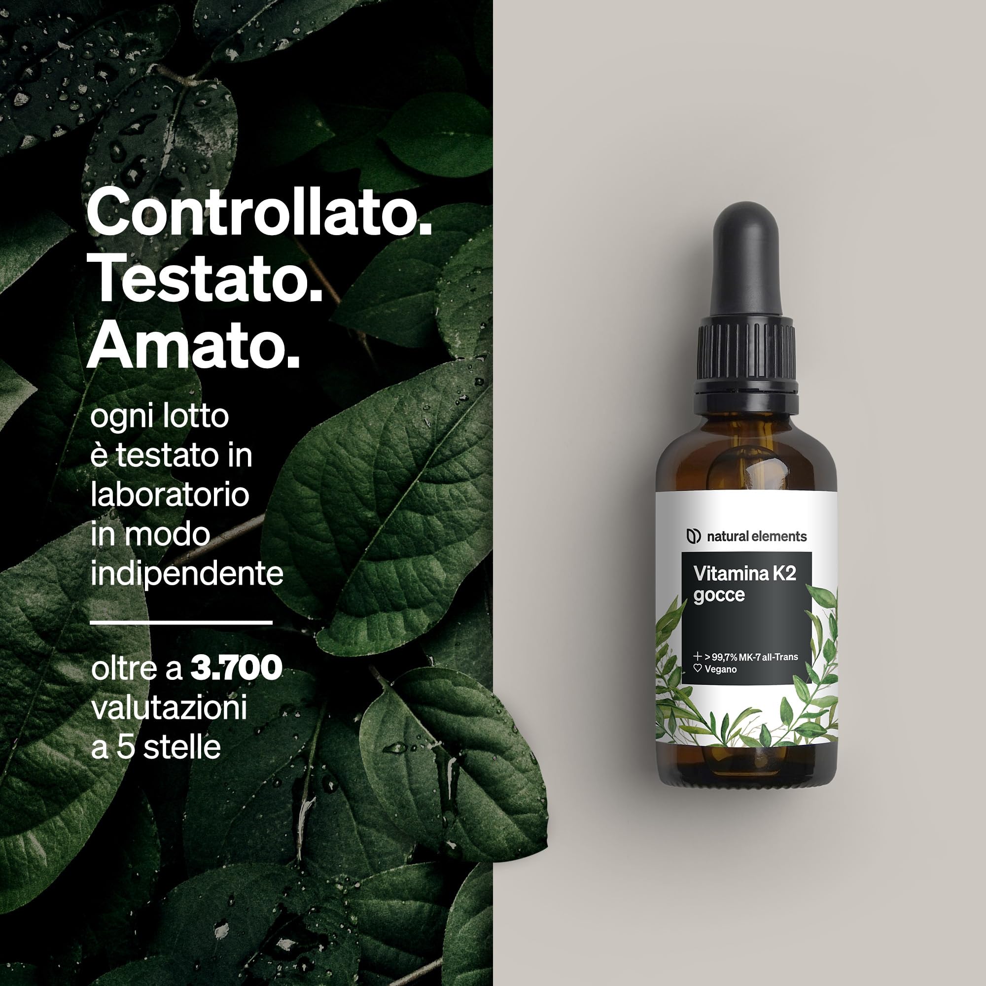 natural elements Vitamina K2 MK-7 200µg - 50 ml - contenuto all-trans > 99,7% - testato in laboratorio, vegano, alto dosaggio e prodotto in Germania