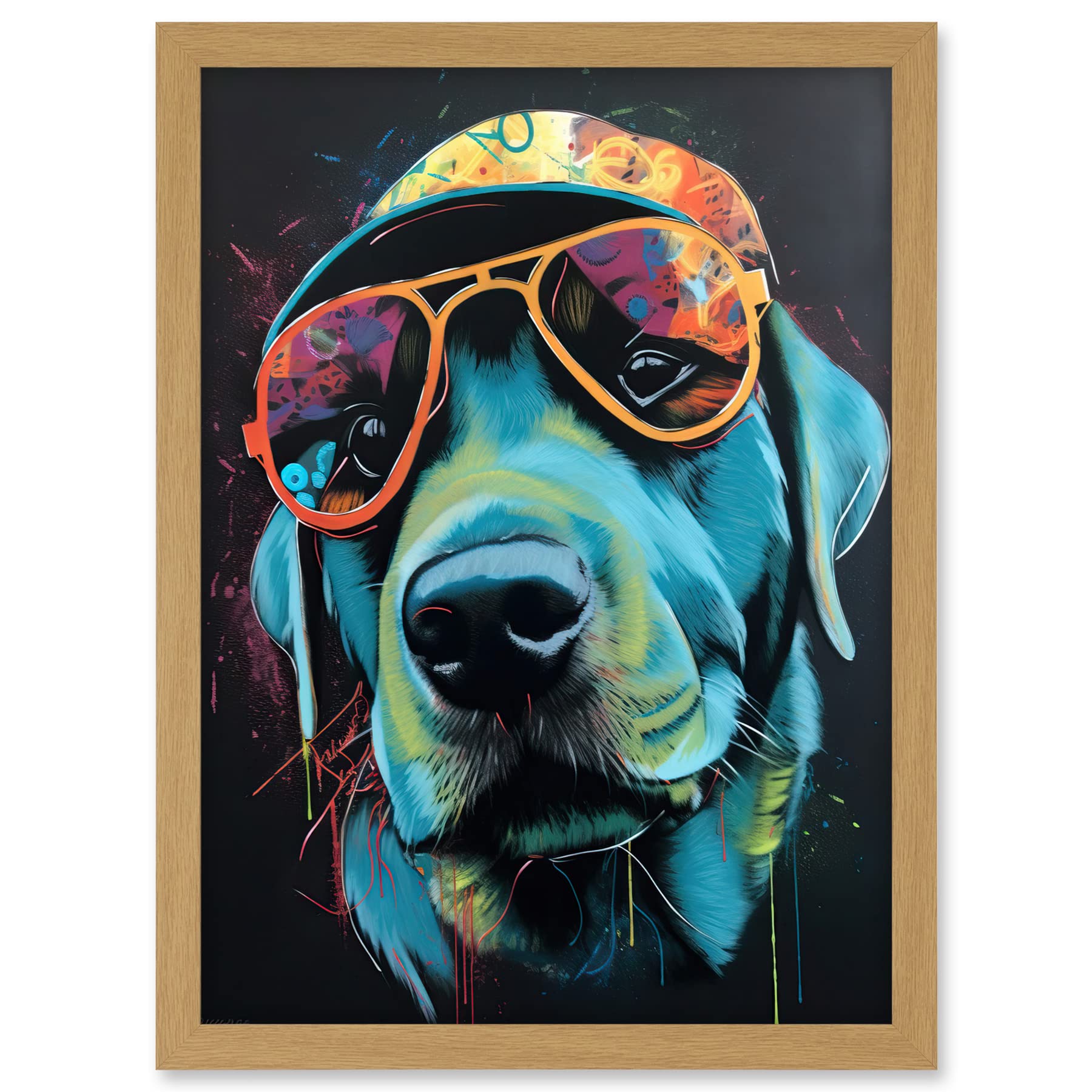 Artery8 Labrador Retriever with Sunglasses and Hat Artwork Framed A3 Wall Art Print