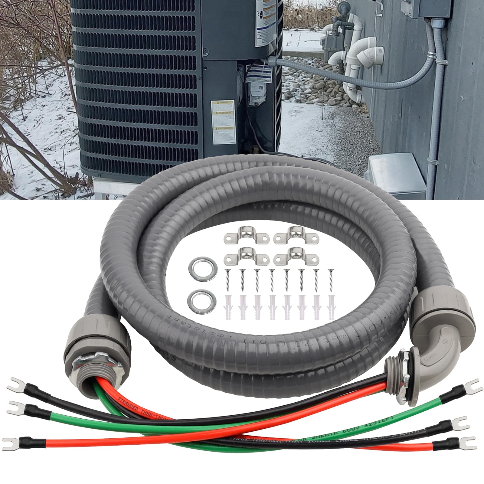1/2Inch Power Whips Assembly, 6FT Nonmetallic Liquid Tight Flexible Conduit Wire with 3 Conductors 10 Gauge THHN Electrical Wires, A/C Hook-up Whip Kit Electrical Wire(6FTx1/2Inch)
