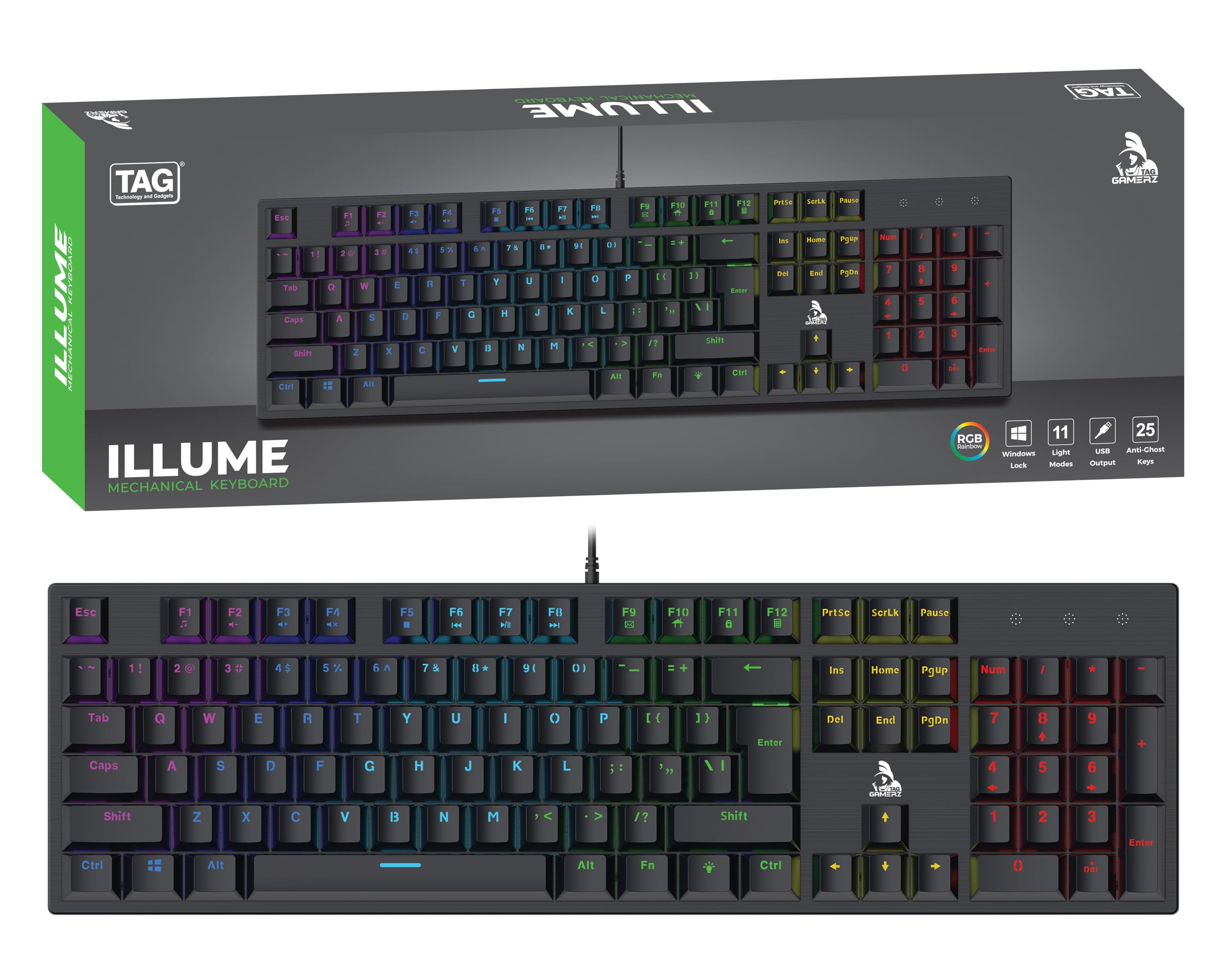 TAG Gamerz Illume USB Gaming Mechanical Keyboard | 25 Anti-Ghosting Keys | Doubleshot Injection Key Caps | Rainbow RGB LED | 11 Lighting Modes | 50M Clicks | Windows Lock Key for Desktop, PC Gamers
