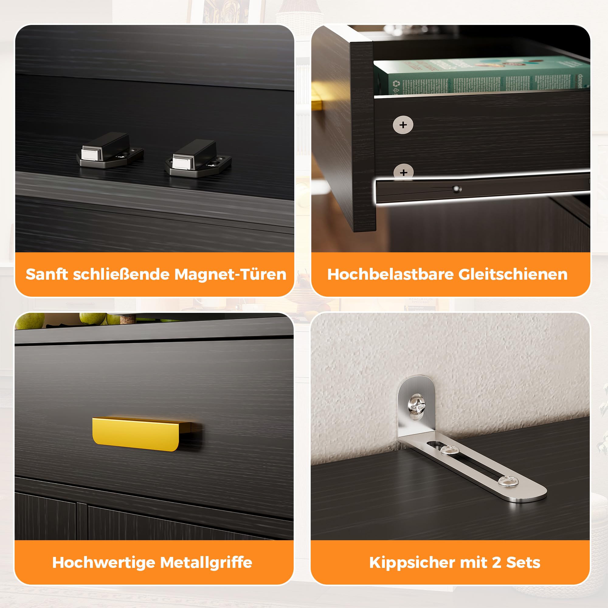 IRONCK Küchenschrank mit Arbeitsplatte, Küchenbuffet mit Steckdose, Schwarz