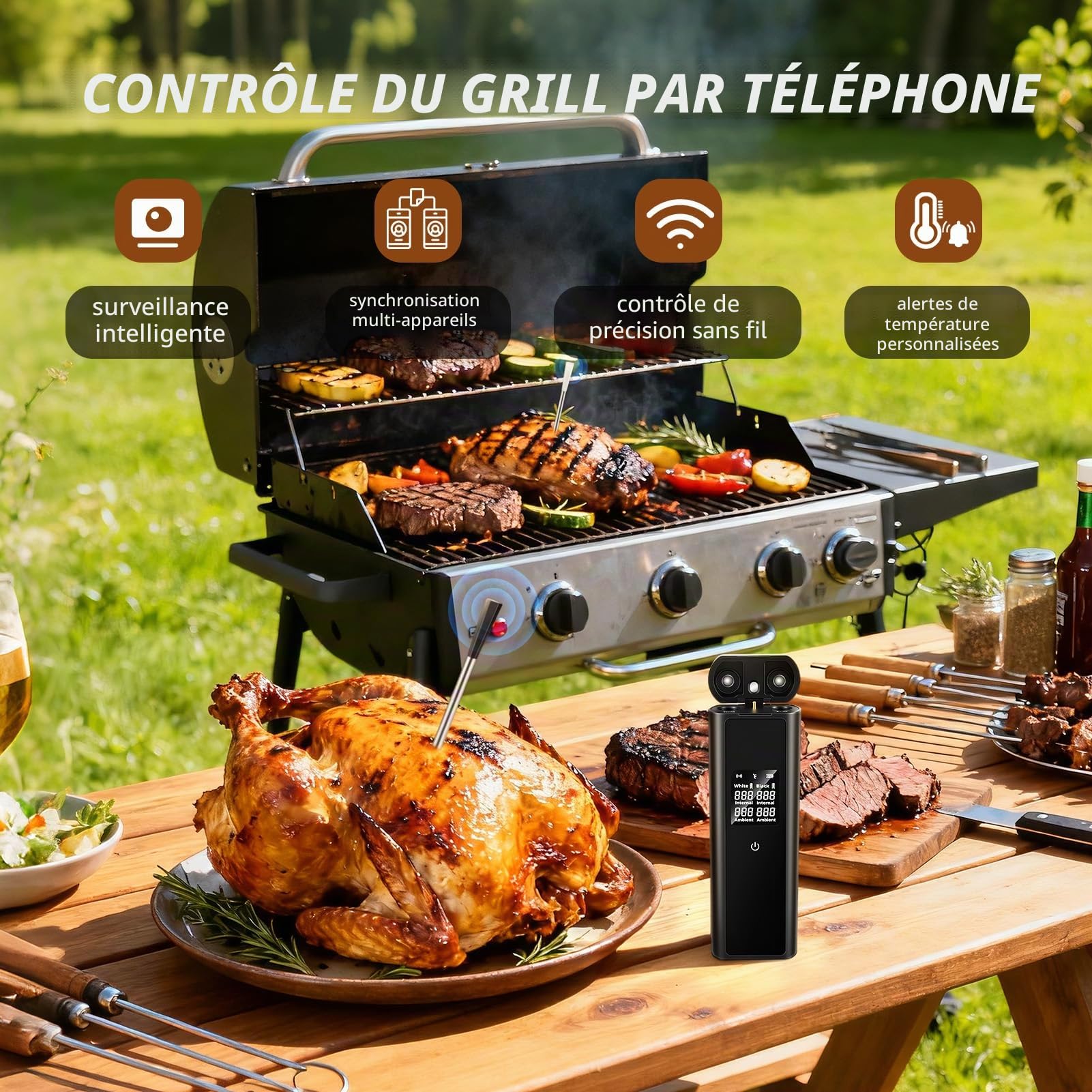 Thermomètre à viande sans fil intelligent avec Bluetooth, 2 sondes et fonction mémoire – Portée de 150 m, étanche IPX8 pour barbecue, fumoir, four, Air Fryer – Surveillance à distance par application
