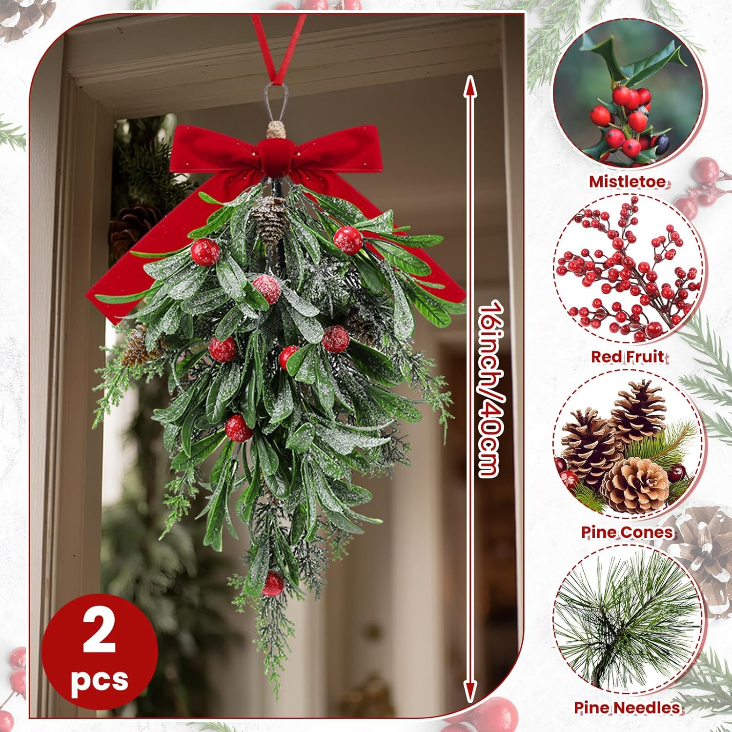 2 Pcs 16'' Large Christmas Mistletoe Picks Decor Artificial Mistletoe Kissing Ball Decoration Xmas Hanging Bunch Ornament with Red Velvet Bow Red Berries Pine Cones for Home Door Decor