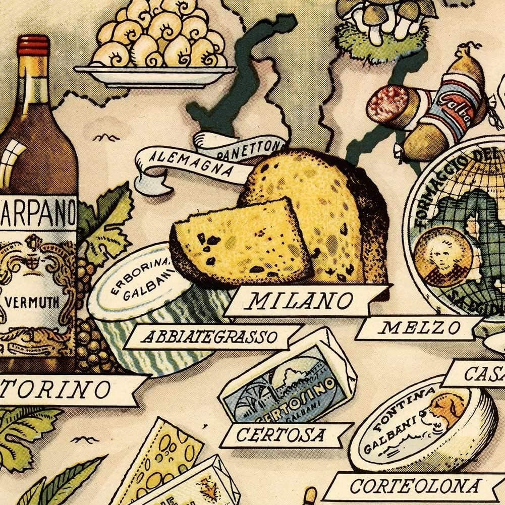 Vintage Italian Food Map Wall Art, Carta Gastronomica del Bel Paese circa 1949 by Vsevolod Niculin Cosmographus, Mediterranean Culinary Regions Poster, Decorative Gourmet Italy Kitchen Print (24 x 32 inches)