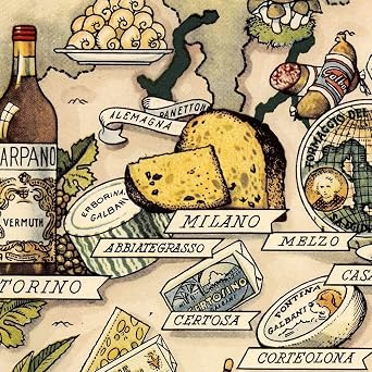 Vintage Italian Food Map Wall Art, Carta Gastronomica del Bel Paese circa 1949 by Vsevolod Niculin Cosmographus, Mediterranean Culinary Regions Poster, Decorative Gourmet Italy Kitchen Print (12 x 16 inches)