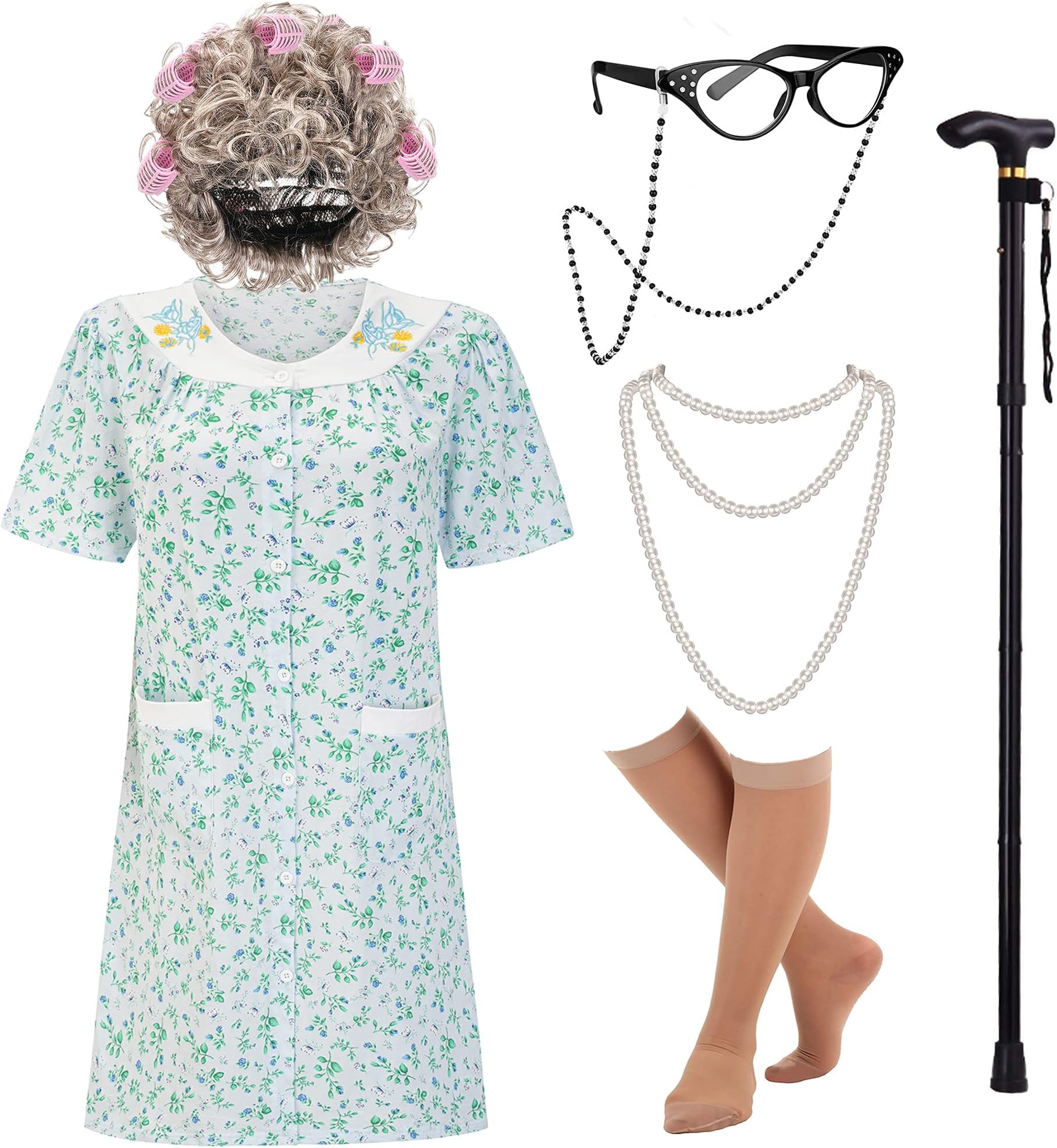Women's Old Lady Costume Kit with Nightgown Wig Cane & Other Halloween Cosplay Accessories