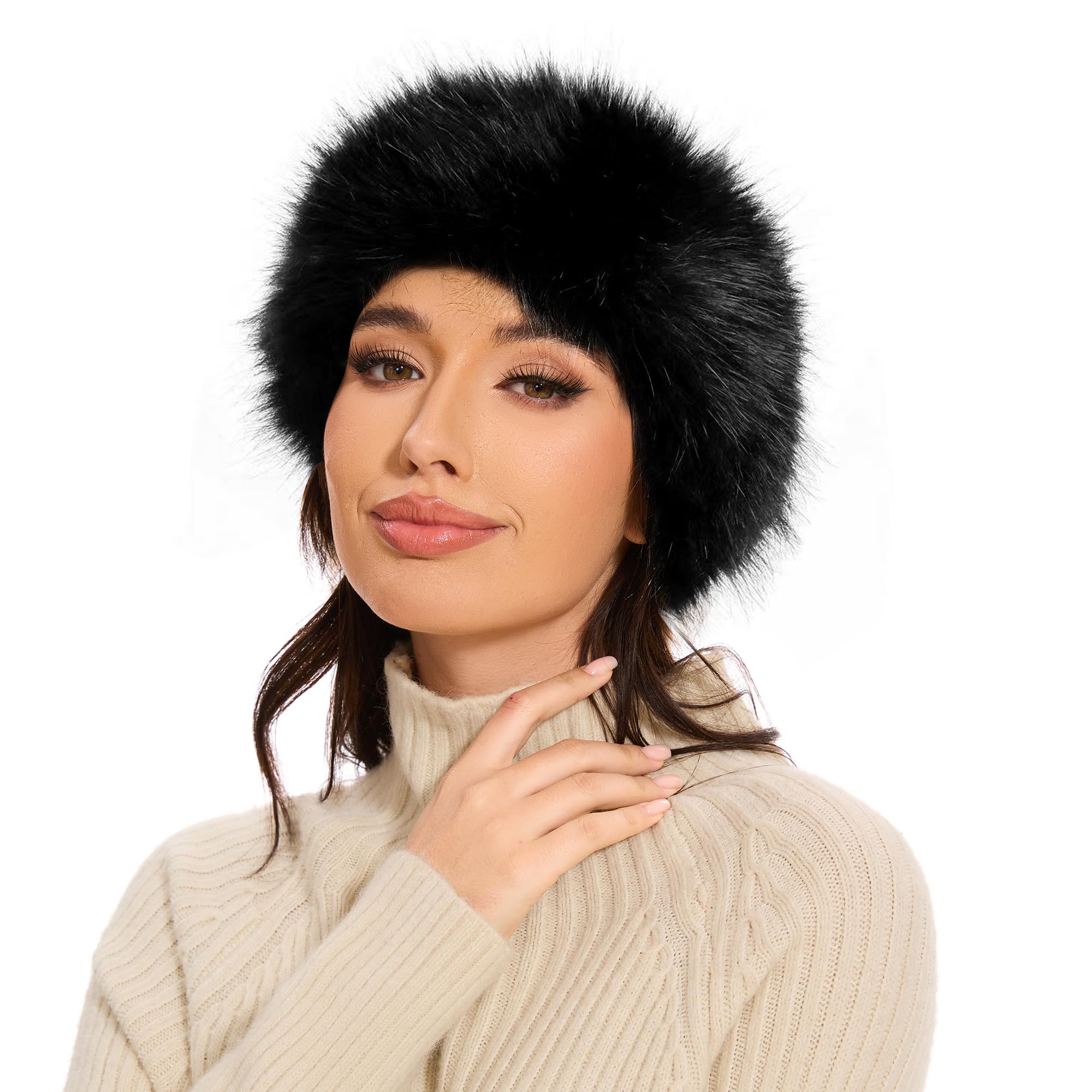 Ammiko Faux Fur Hat Elastic Winter Headbands For Women Earwarmer Black