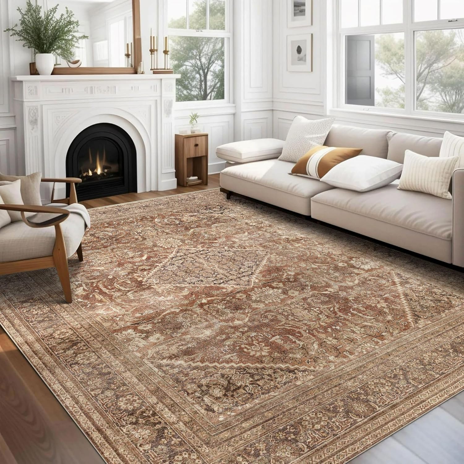 Teppich Wohnzimmer Große 150x180cm Teppich Kurzflor rutschfest Weich Waschbar für Schlafzimmer Küche Büro Traditional Floral Vintage Beige