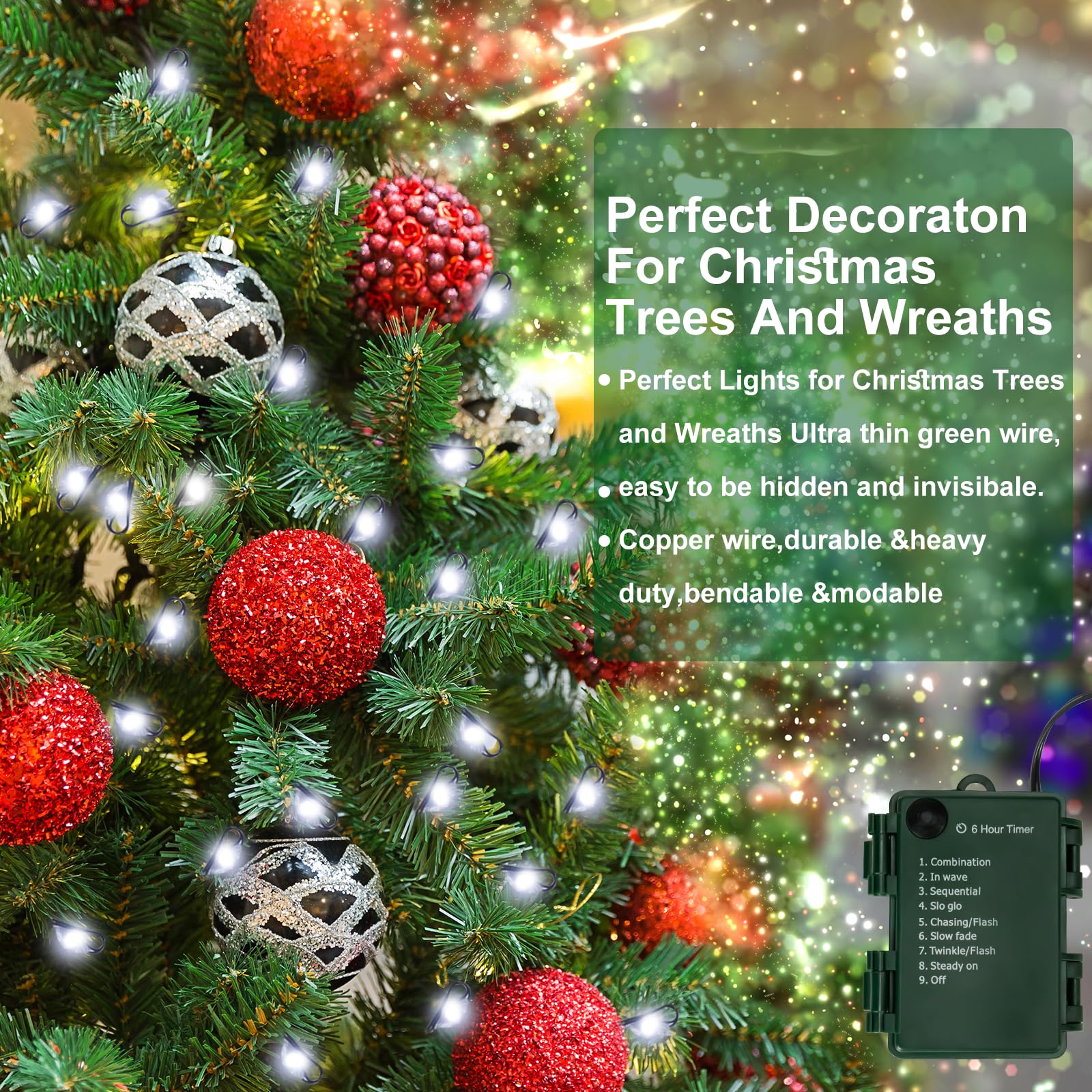 FairyGlim 2 Stück batteriebetriebene Weihnachtsbeleuchtung, 3 m, 100 Mikro-LEDs, Lichterkette mit 8 Modi und Timer, grüner Kupferdraht für Innen- und Außenbereich, Weihnachtsbaumkranz, Girlande