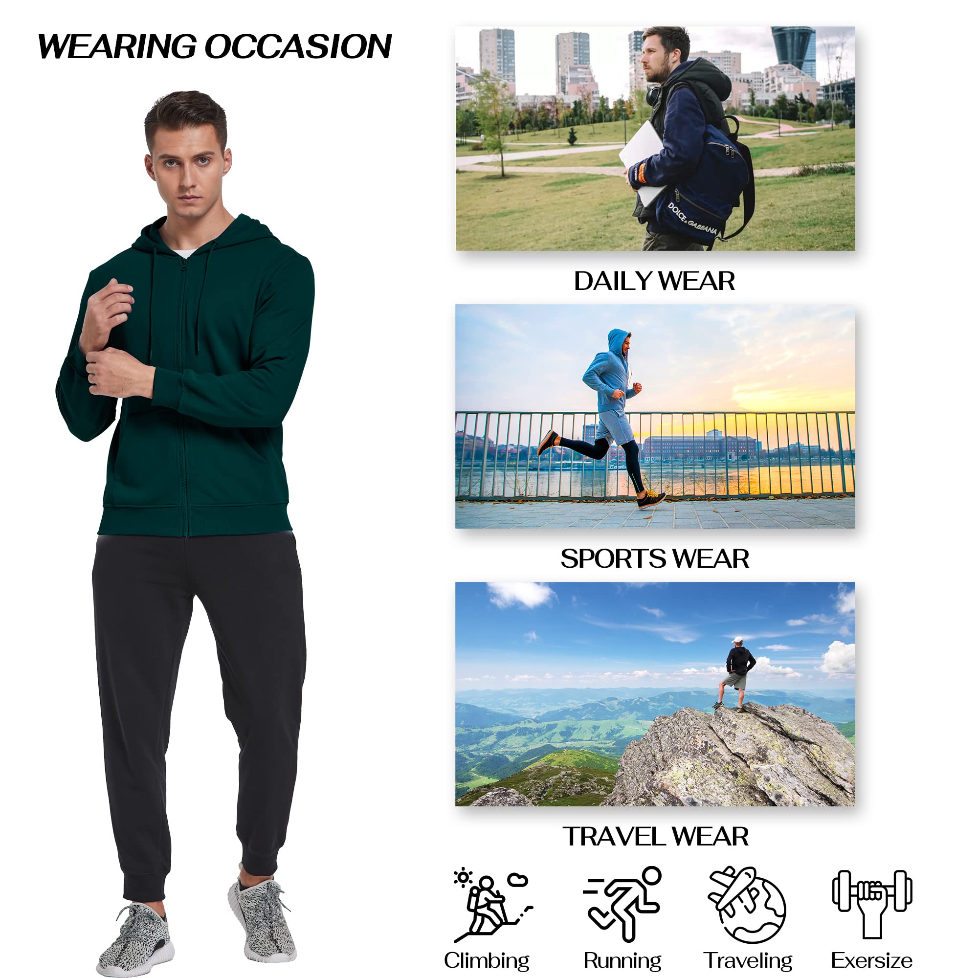 BETTERCHIC Męska bluza z kapturem sportowa miękka szczotkowana bluza polarowa z kapturem sznurek na zamek błyskawiczny bluza z kapturem rozmiar S-3XL, ZIELONY, XL