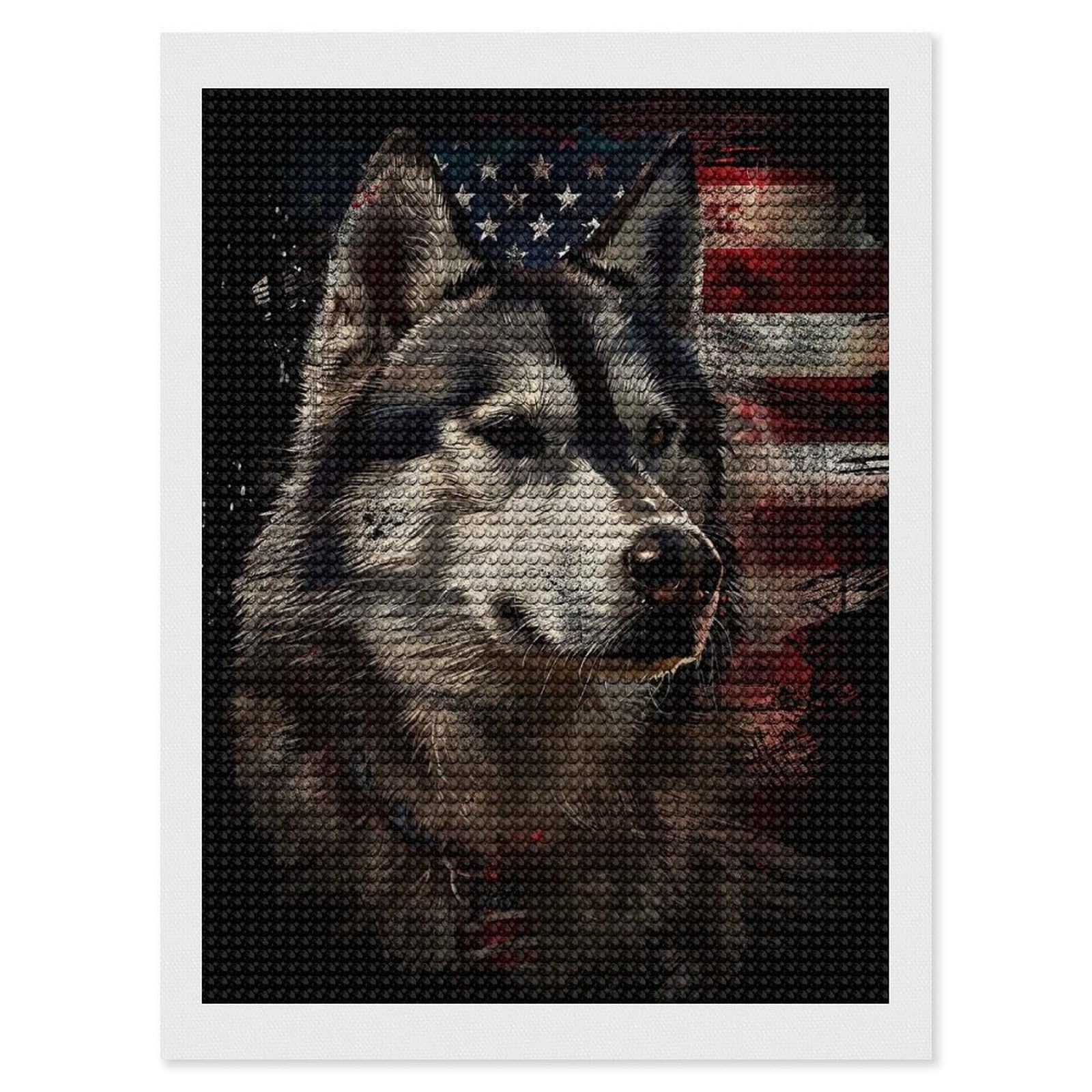Junmoney Alaskan Malamute America Diamond Art Kit 12"x16", Holiday Gift Idea, for Women, Easy Handmade Project, Vintage Style Decor, Printed Canvas
