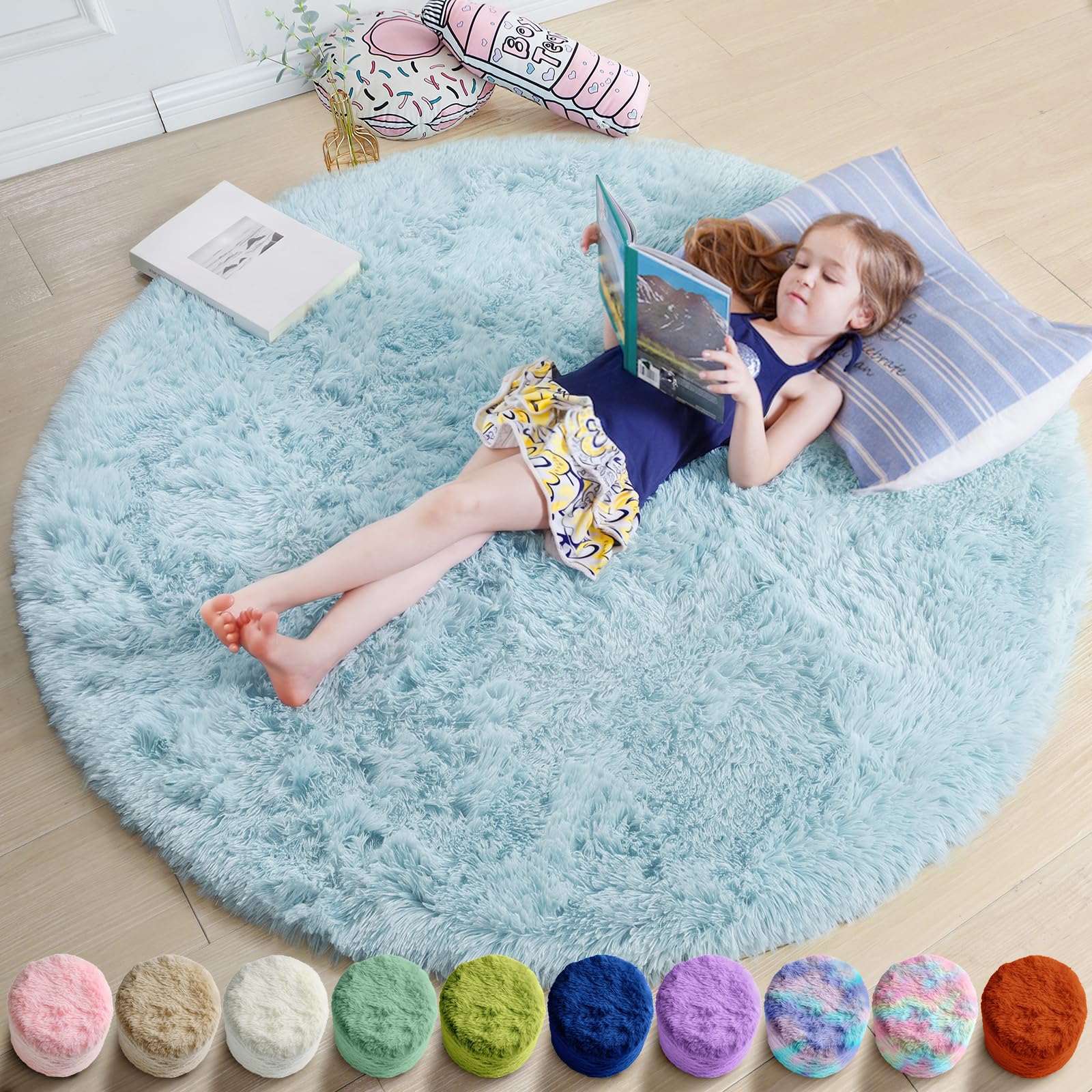 Amdrebio Light Blue Circle Round Rug 5Ft for Bedroom Decor, Soft Shaggy Fluffy Area Rugs for Kids Room Baby Boys Nursery Preppy Dorm Playroom, Cute Plush Fuzzy Sky Blue Carpet for Apartment Classroom — image 1