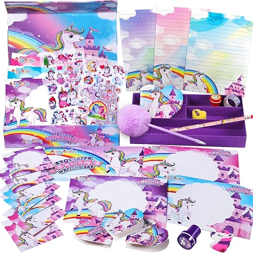 Regalos de unicornios para niñas, juego de papelería para niños, kit de escritura de 46 piezas, regalos de Navidad para niñas de 8, 9, 10, 11, 12