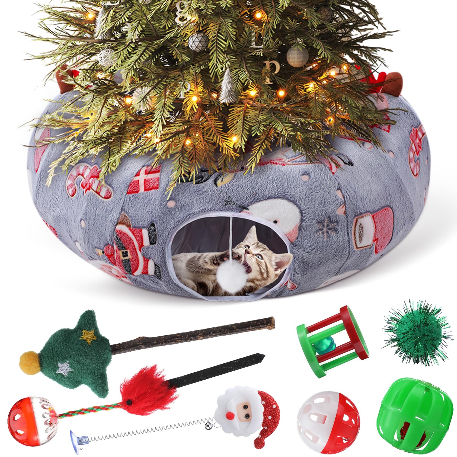 Cama tipo túnel de Navidad para gatos con 7 juguetes para gatos, cama tipo túnel de felpa cálida y esponjosa con cojín lavable y bolas colgantes, 3 pies, multifuncional para gatos pequeños, medianos y