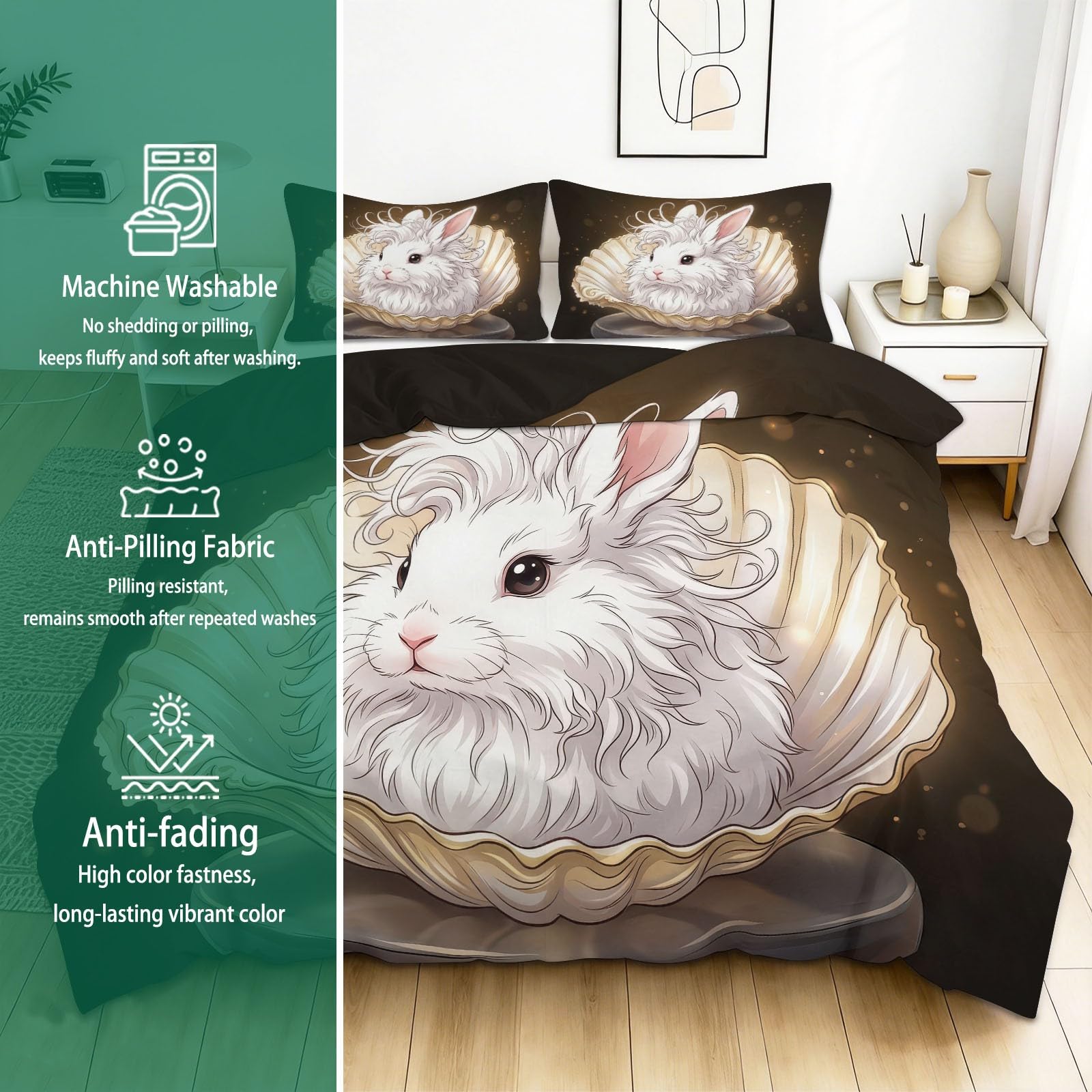 3-częściowy komplet pościeli z białym króliczkiem, 240 x 220 cm, z poszewką na kołdrę i 2 poszewkami na poduszkę 80 x 80 cm, kolor beżowy