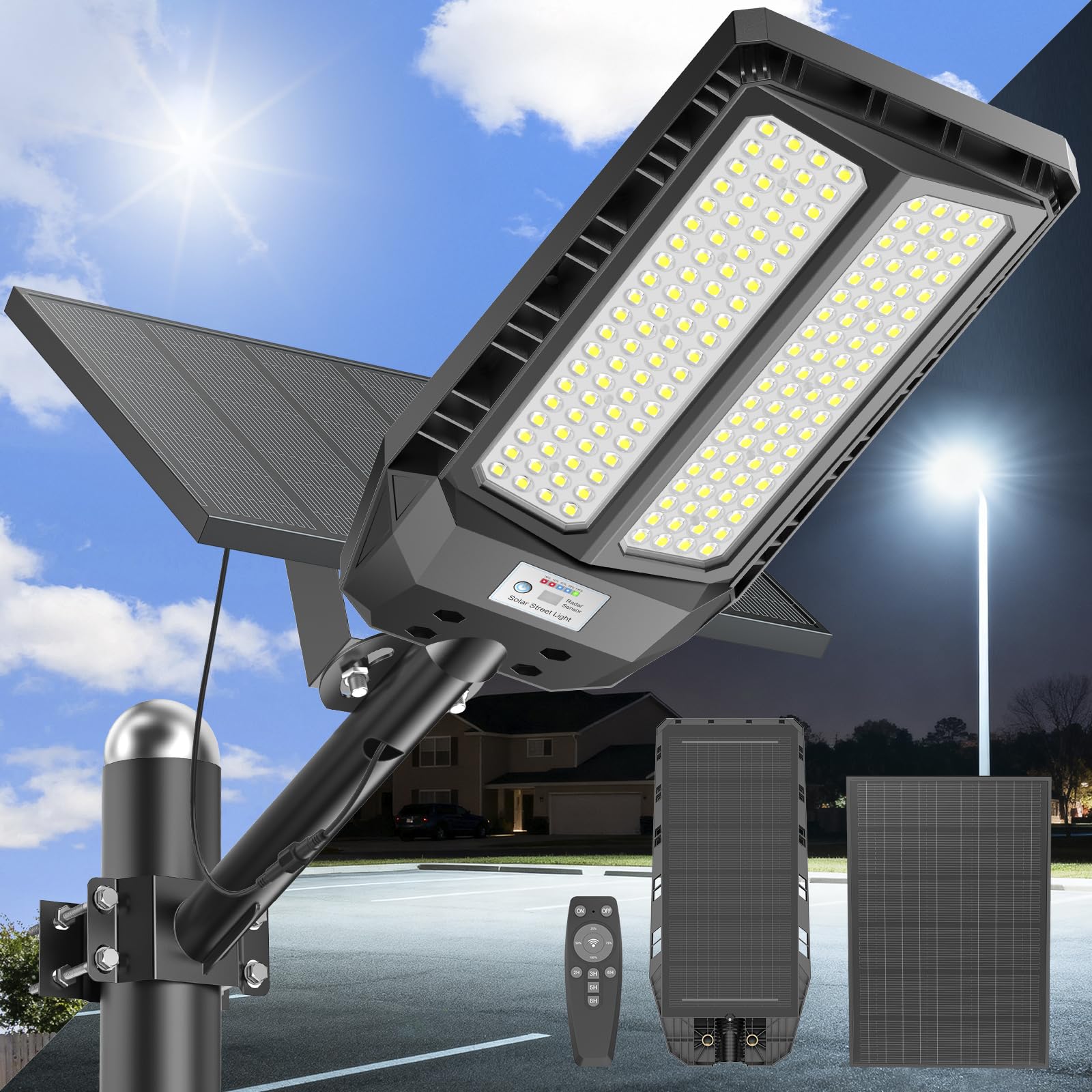 1500W Solar Straßenlaterne mit Fernbedienung,IP67 Wasserdichte Solarlampen für Außen mit Bewegungssensor,6500K Solarleuchten Superhelles LED Solar Strahler Außen für Gärten Garage
