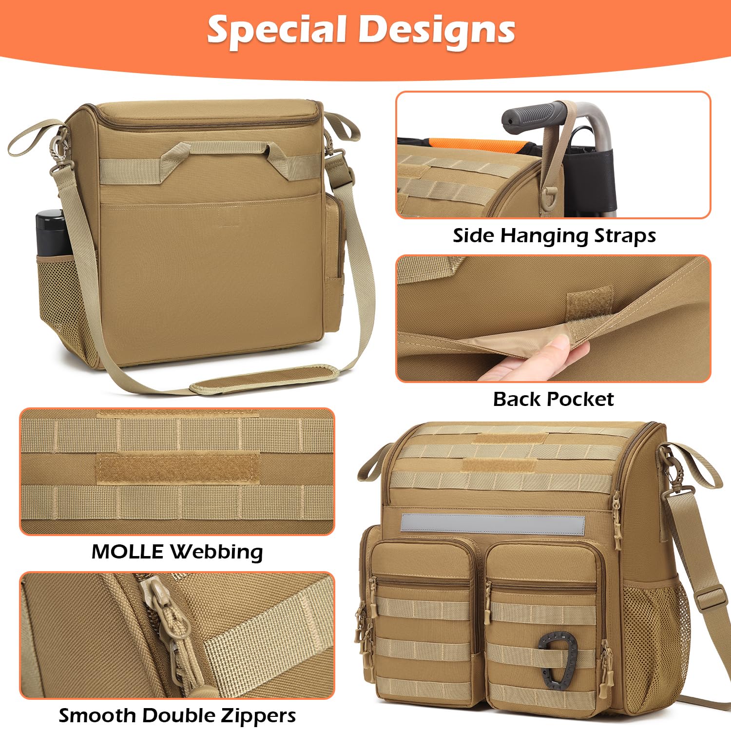 Bolsa para Silla de Ruedas (Parte Trasera), Bolsa para Silla de Ruedas | Nailon, correa de hombro y bolsa isotérmica, reflectante, amplia abertura, bolsa de almacenamiento táctica para andador