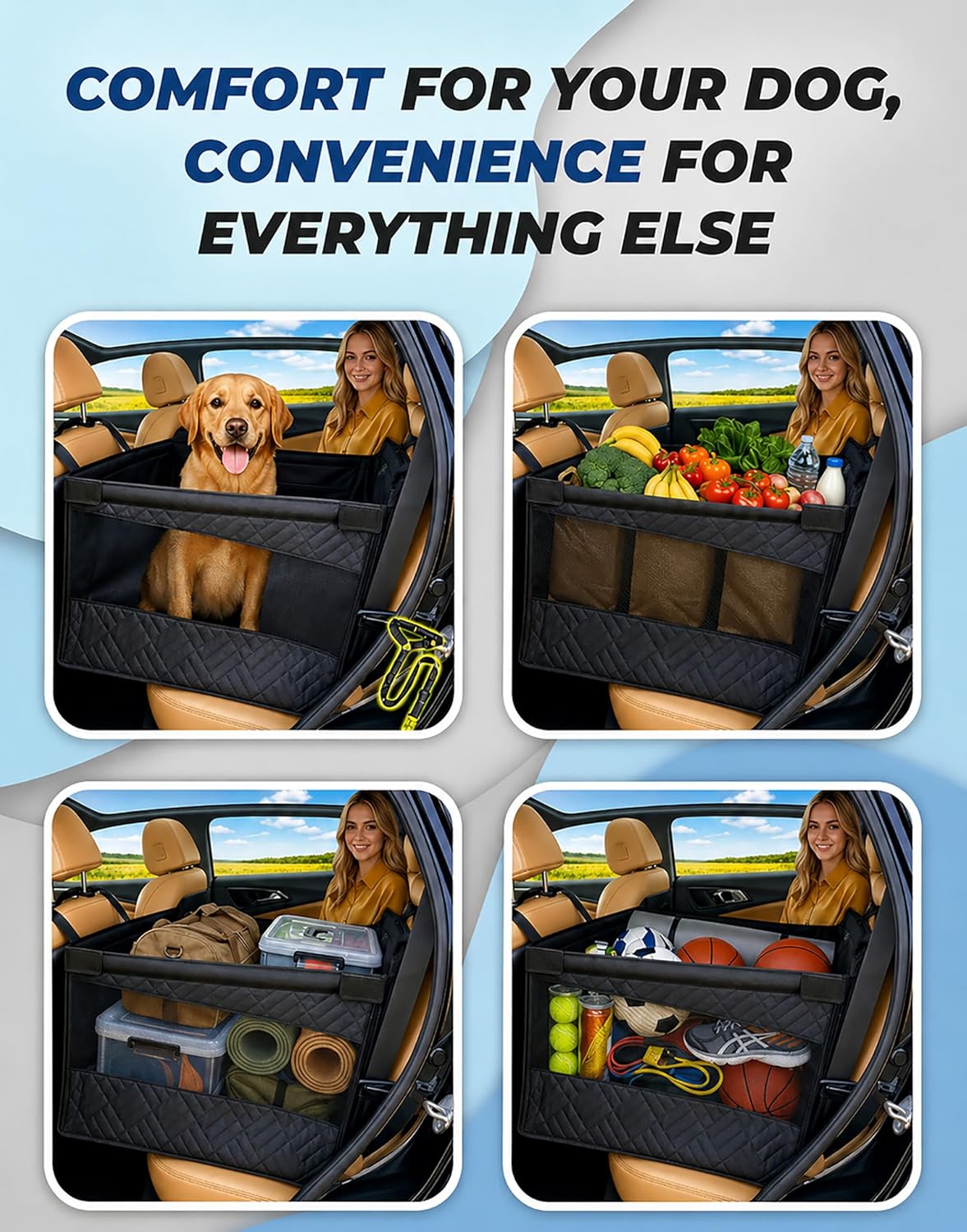 Large Dog Car Seat Extender, Waterproof Back Seat Cover with Hard Base, Seatbelt Leash, Washable Back Seat Extender, with Storage Pocket for SUV, Truck, Car