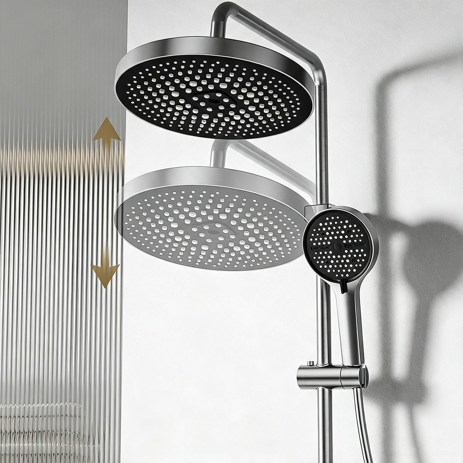 Colonna Doccia con Cascata e Soffione Doccia Rotondo Regolabile | Grigio Canna di Fucile Doccetta in Abs Kit Doccia a Muro Moderna Altezza Regolabile