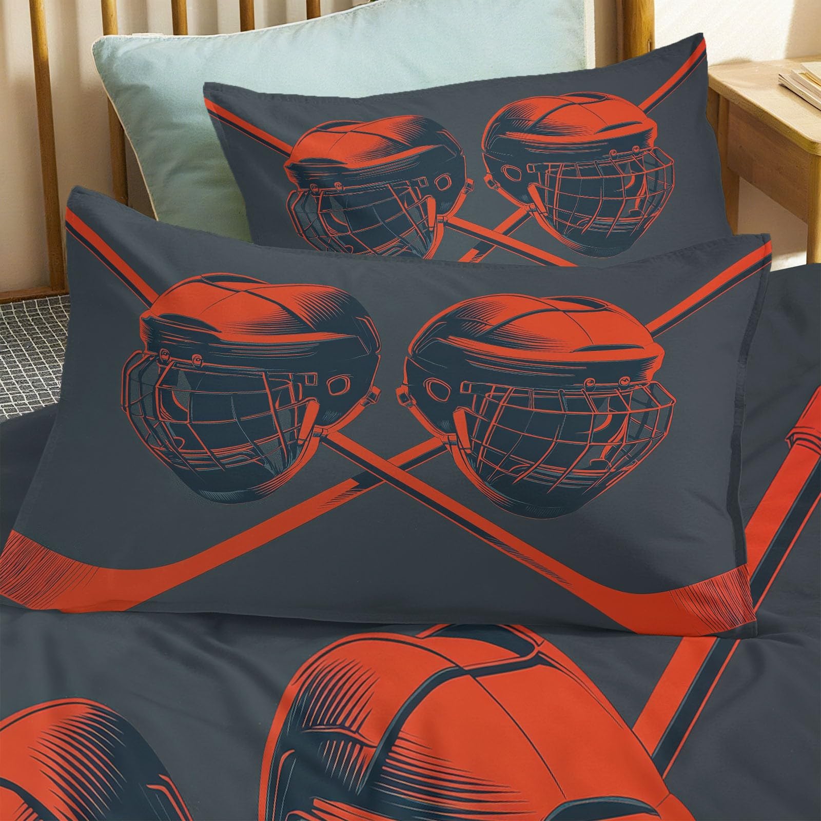 Abstrakcyjna poszewka na kołdrę na lodzie hokejowy kask kij hokejowy 100% mikrofibra miękka, oddychająca dwustronna, zestaw pościeli 180 x 220 cm, do łóżka dziecięcego z zamkiem błyskawicznym i
