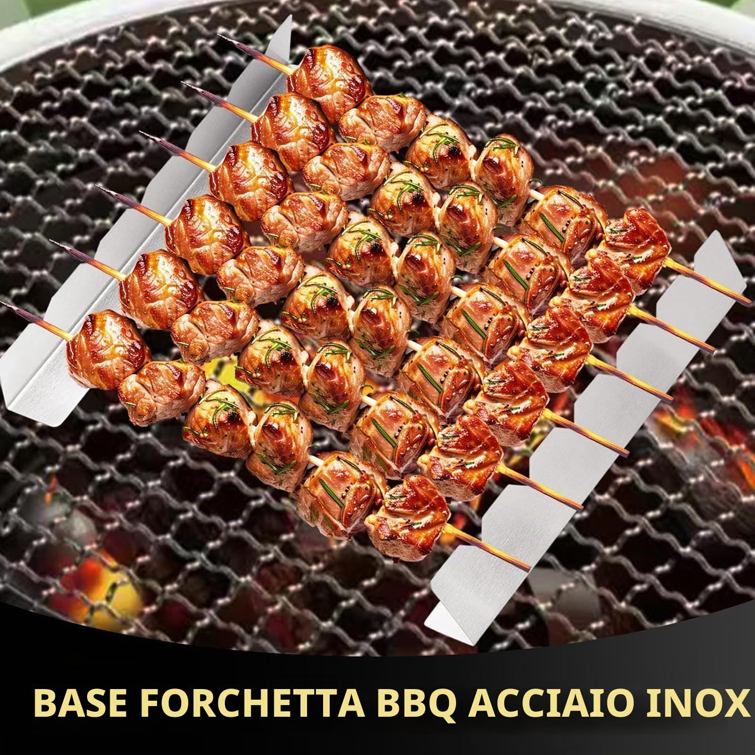 Griglia per spiedini per 6 spiedini. Realizzato in Metallo Acciaio Inox. Lunghezza Rack 30 cm, Altezza 4 cm, Larghezza Base 3,5 cm (6 Pezzi