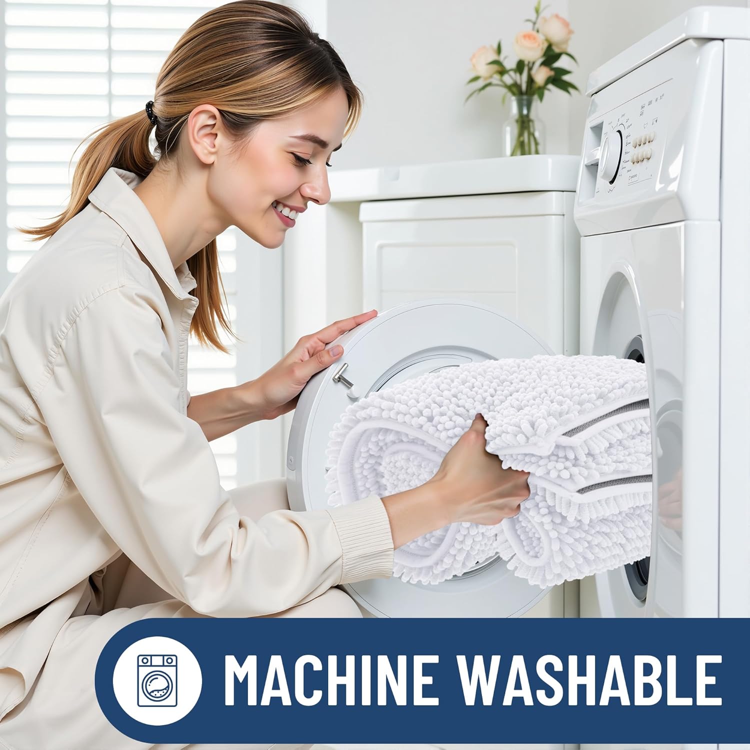 Smiry Luxury Chenille Bathroom Rugs 30x20, Extra Soft and Absorbent Shaggy Bath Mat, Machine Washable, Non-Slip Plush Carpet Runner for Tub, Shower, and Floor, Home Decor Accessories, White - Image 6