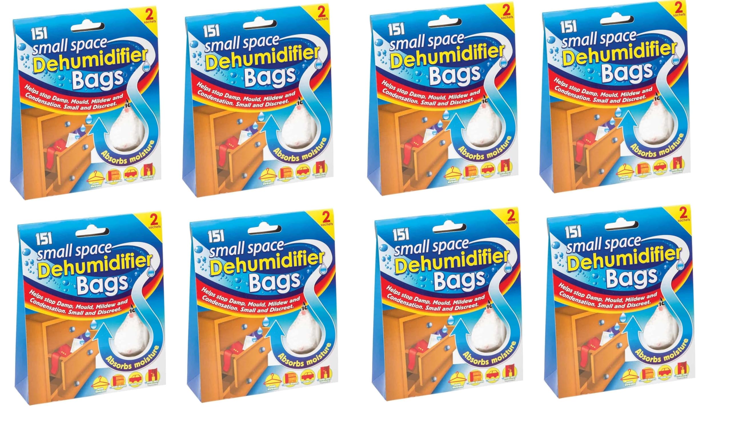 2 Pack Small Space Dehumidifier Bags 4 Sachets | Helps Damp Mould Mildew Condensation | Wardrobe Caravan Drawers Cars (8)
