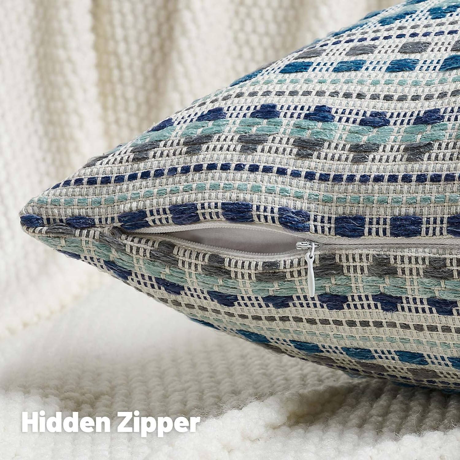 FUTEI Blue Grey Decorative Throw Pillow Covers 18x18 Inch Set of 2,Soft Cozy Chenille Jacquard Textured Cushion Case,Boho Home Decor for Couch Bed Living Room