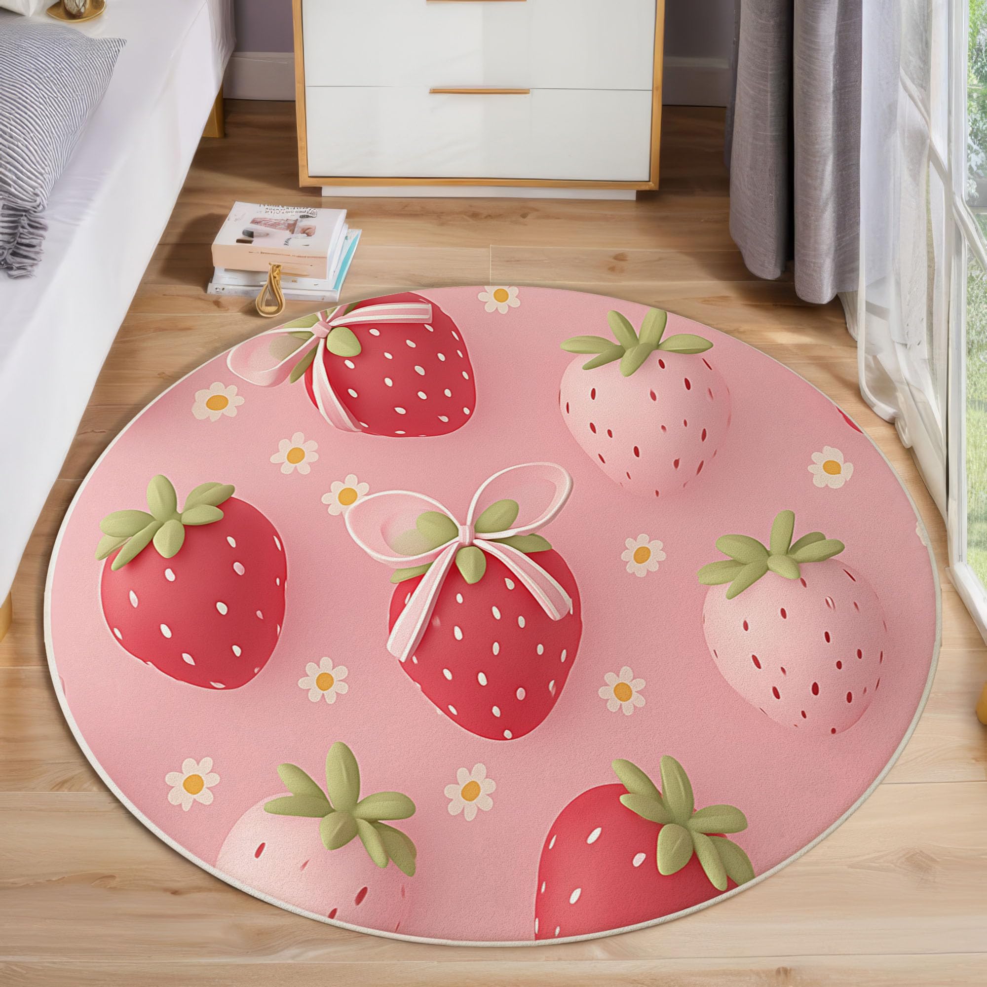 Moquette ronde 160cm rose motif floral et nœud 3D fraise antidérapante lavable